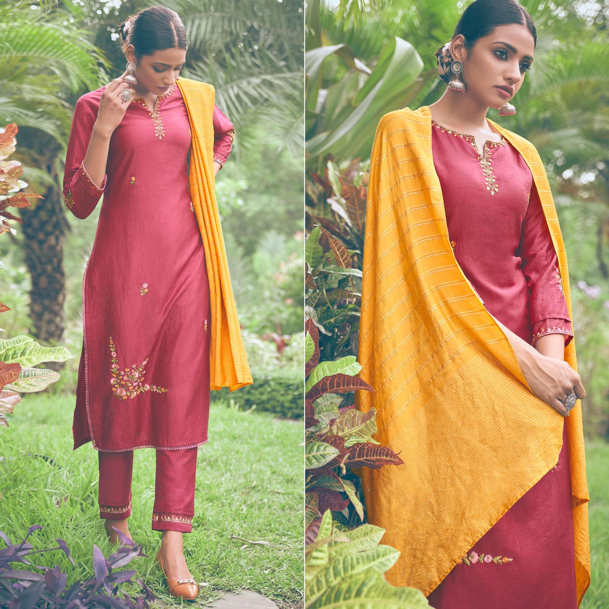 Peachmode Maroon Embroidered Chiffon Kurti Pant Set with Dupatta
