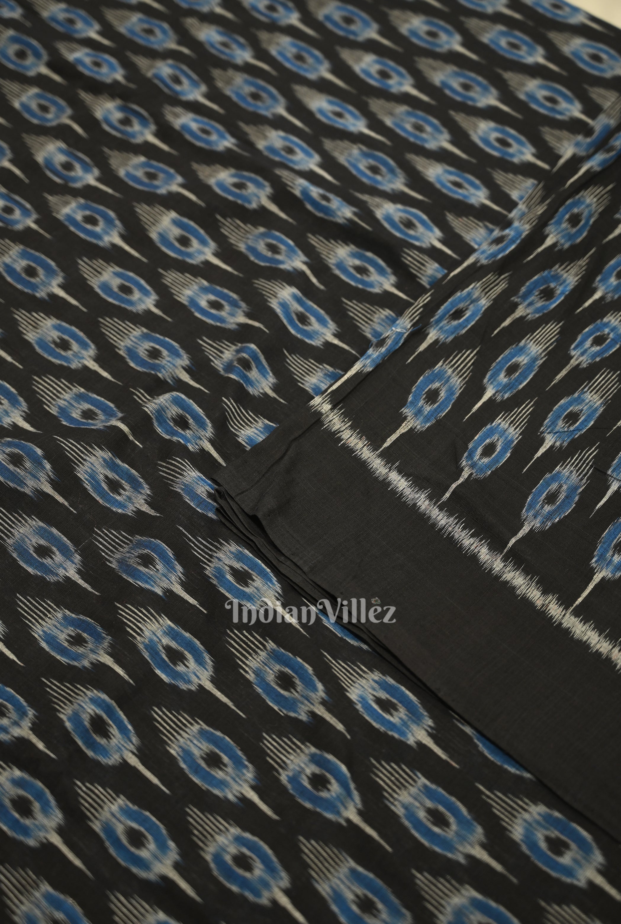 IndianVillèz Black Blue Mayur Motif Odisha Ikat Sambalpuri Cotton Fabric - view 2