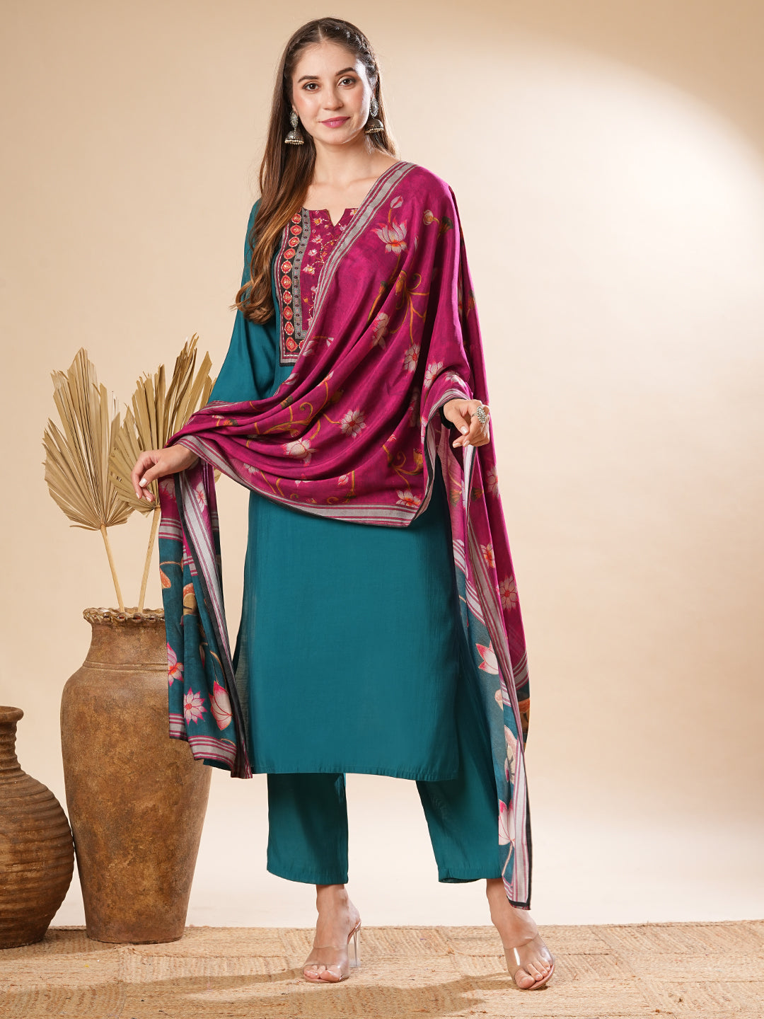 Fashor Solid Mirror Embellished Kurta with Pants & Floral Dupatta - Teal - view 2