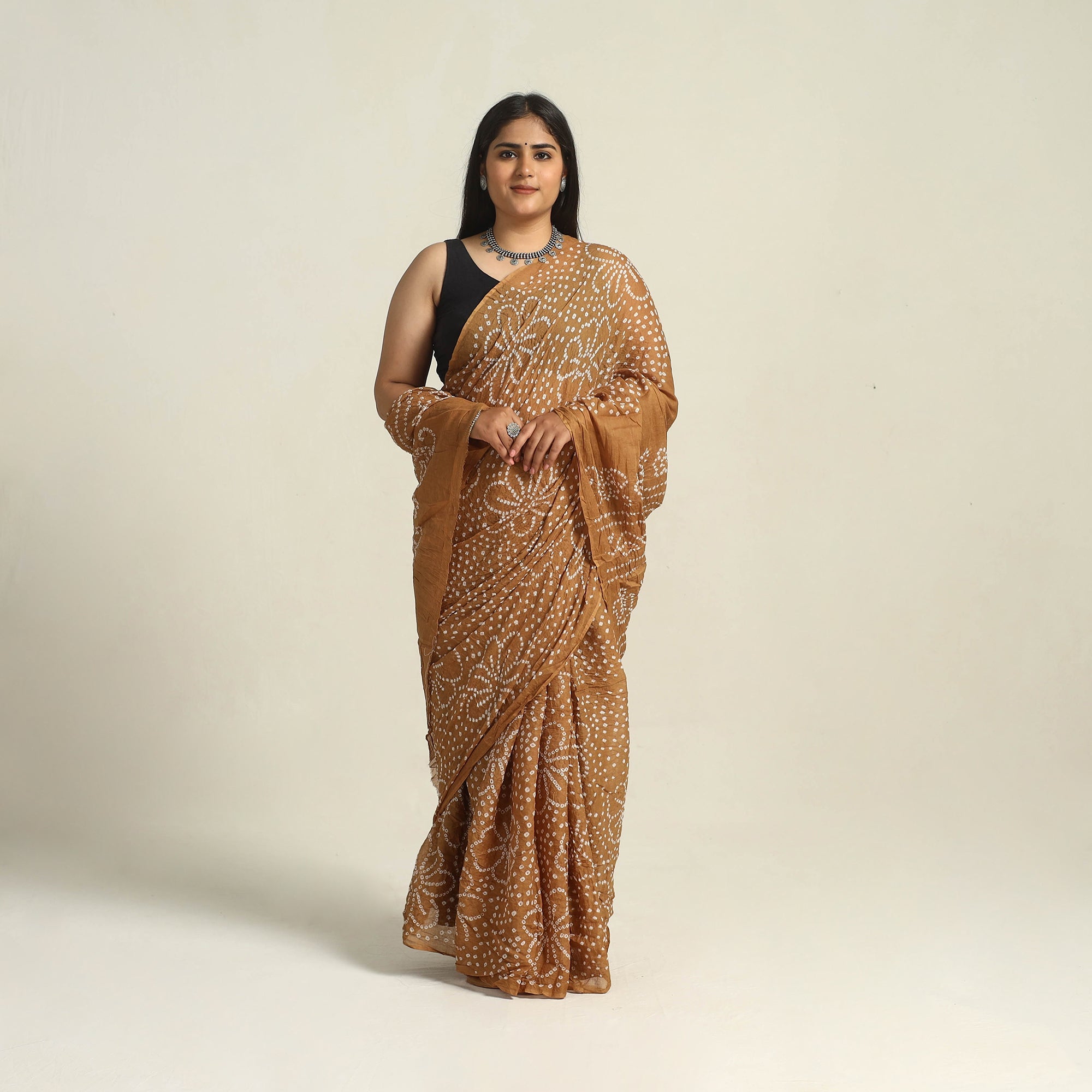 KACHCHH JI CHHAAP Brown - Kutch Bandhani Tie-Dye Cotton Saree with Blouse Piece