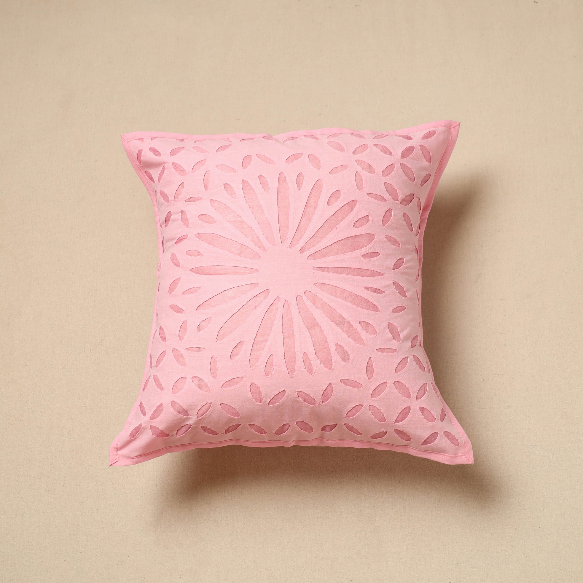SHADES OF MARUDHARA Pink - Cut Work Cotton Applique Cushion Cover (16 x 16 in) 04