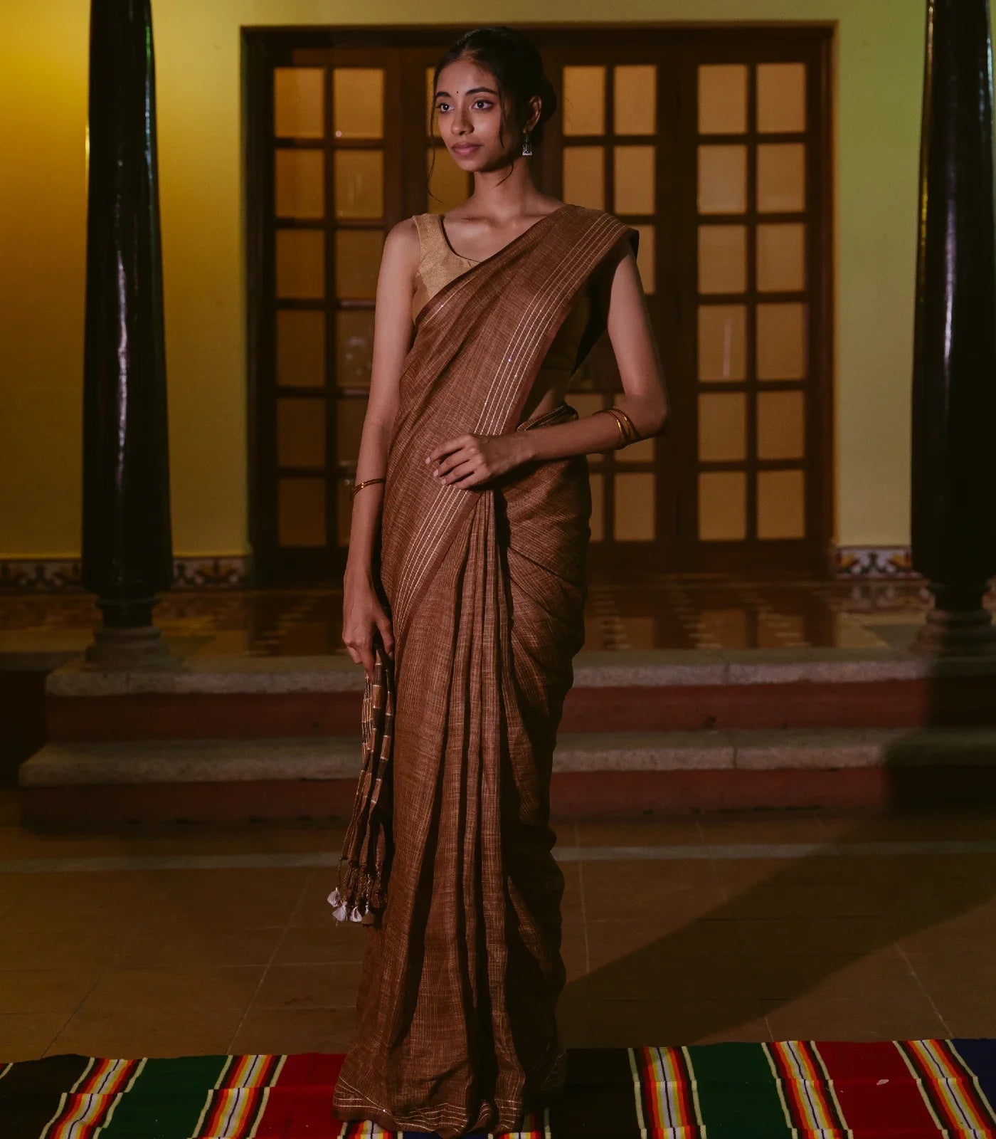 RmKV Brown Handloom Linen Saree With Striped Pallu
