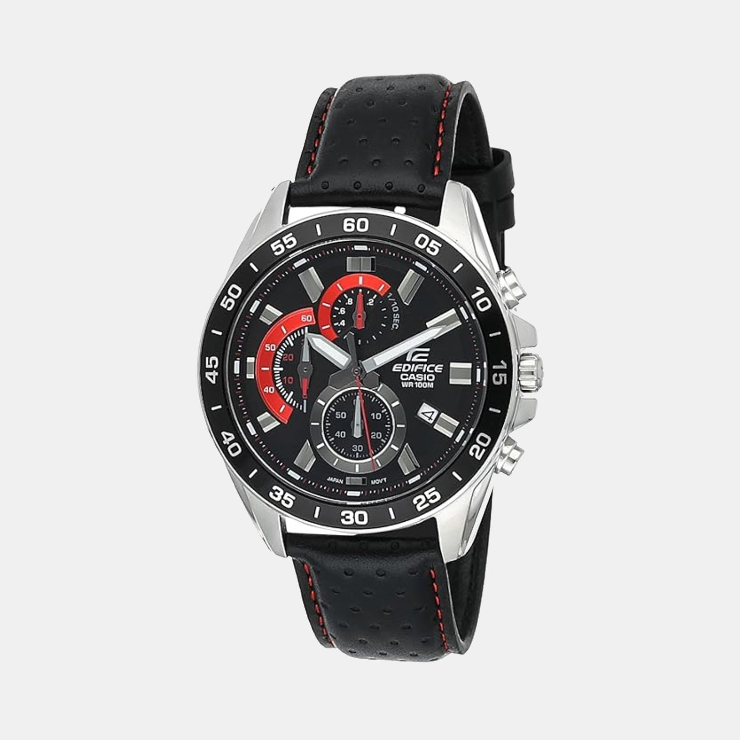 Casio Edifice Men Quartz Black Dial Chronograph Leather Watch ED557
