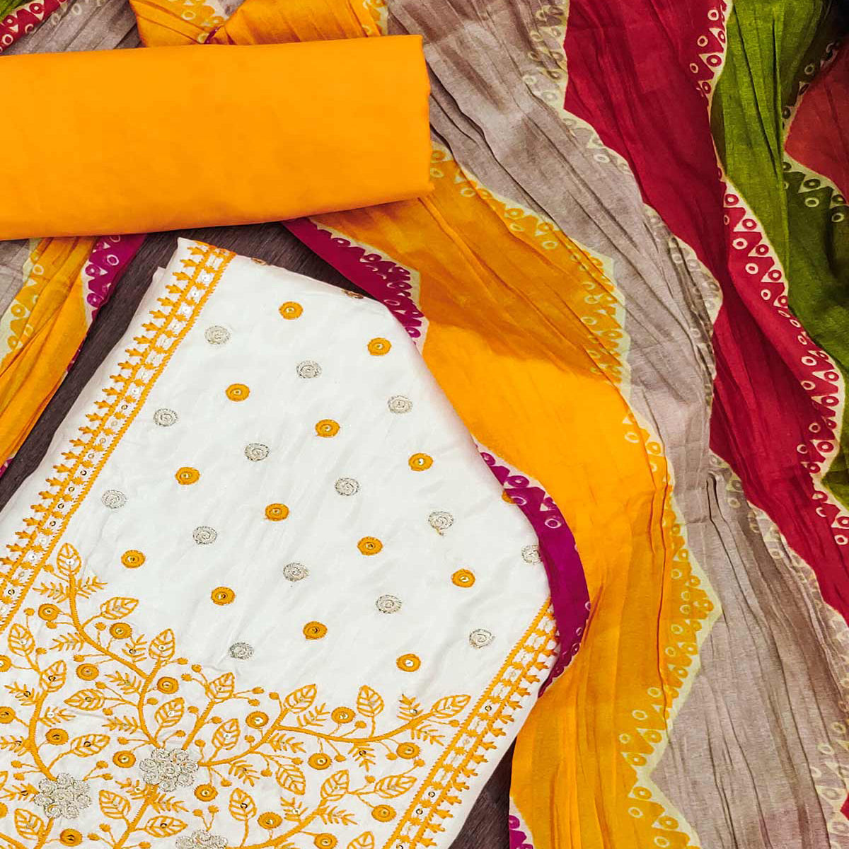 Peachmode Cream & Yellow Floral Sequins Embroidered Cotton Silk Dress Material - view 4