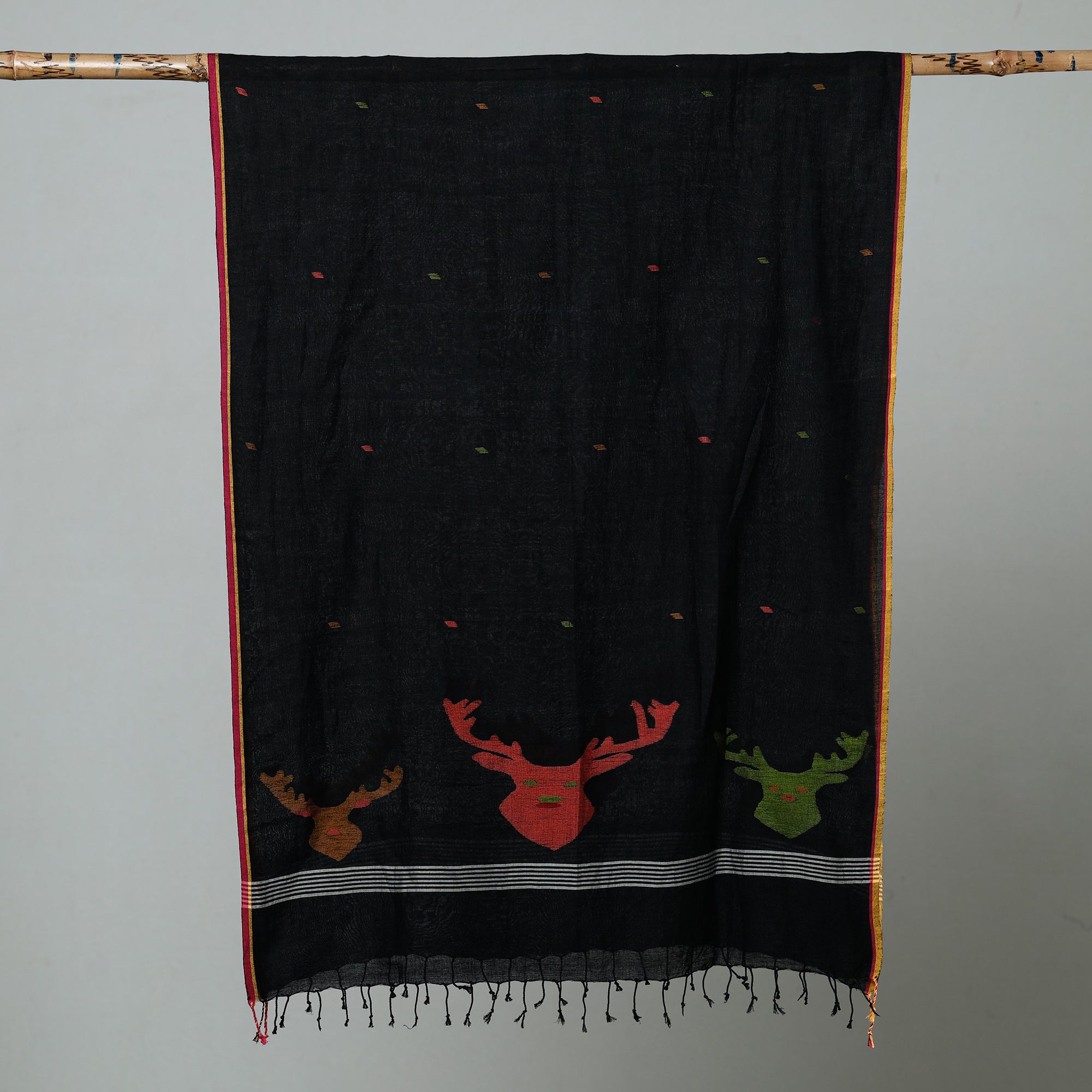 ALANKRITA Black - Jamdani Handloom Cotton Stole with Tassels - view 2