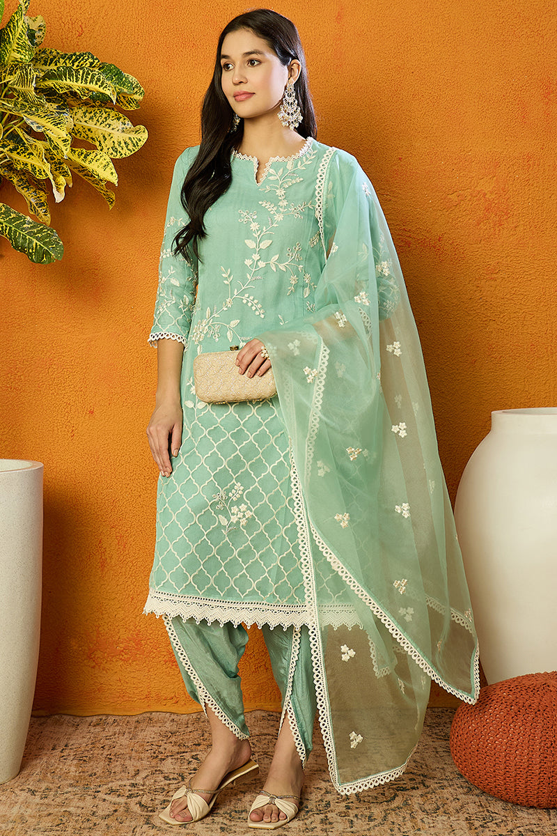 Ahika Sea Green Organza Solid Embroidered A-Line Dhoti Style Suit Set PKSKD2438 - view 2