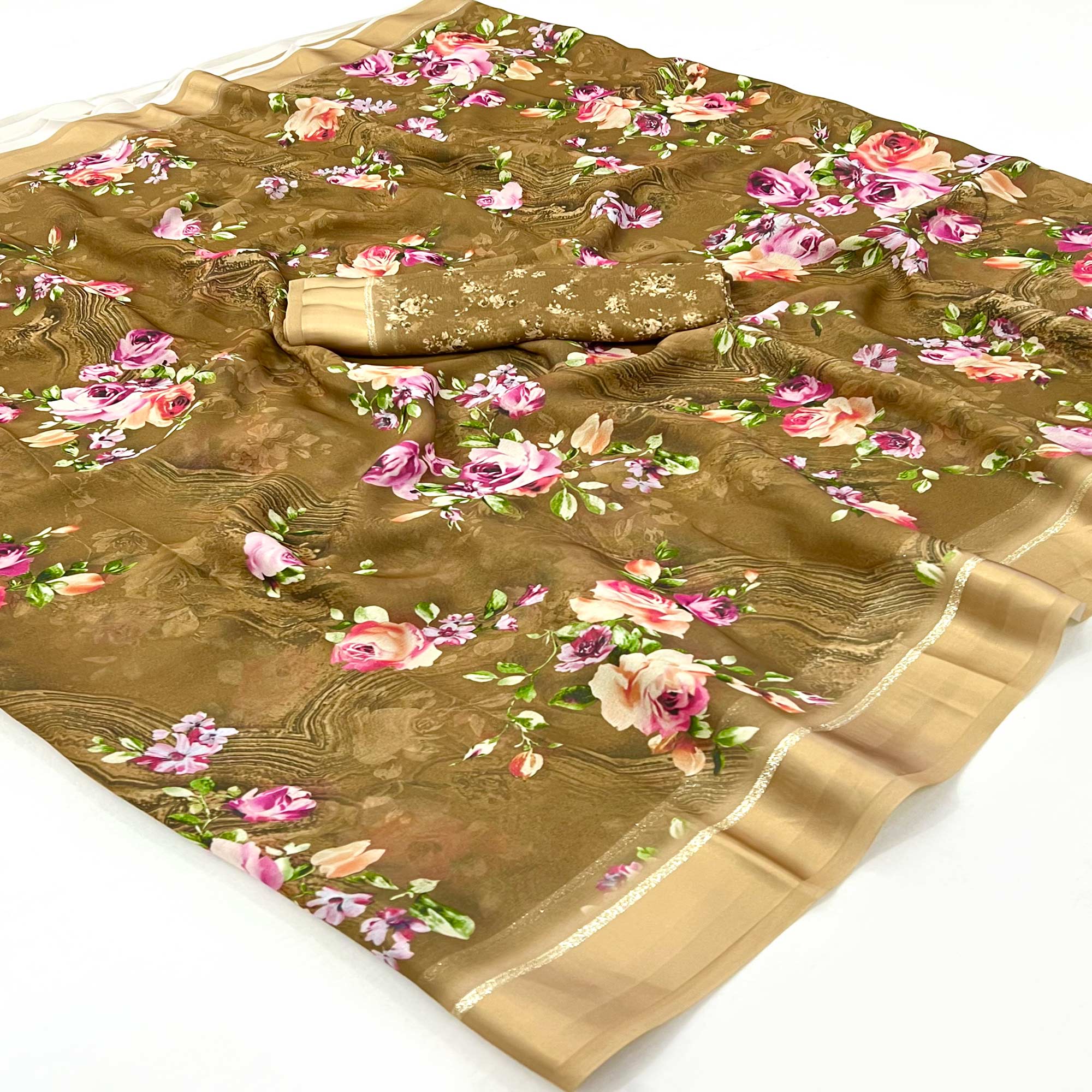 Peachmode Chikoo Digital Printed Georgette Saree