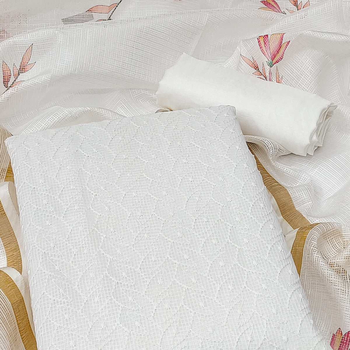 Peachmode White Embroidered Kota Doria Dress Material - view 2