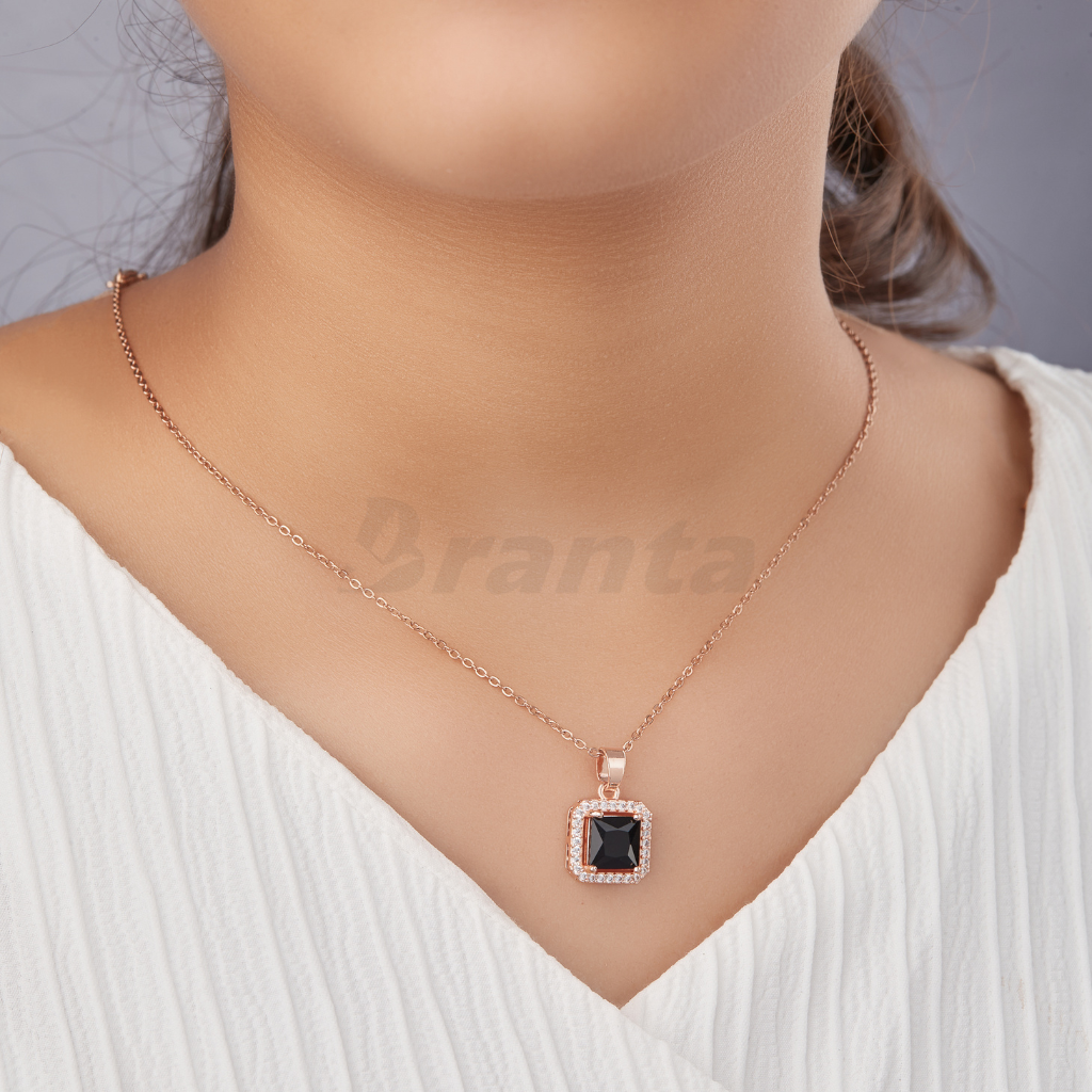 Branta Black Square Crystal Pendant Rose Gold Necklace For Women