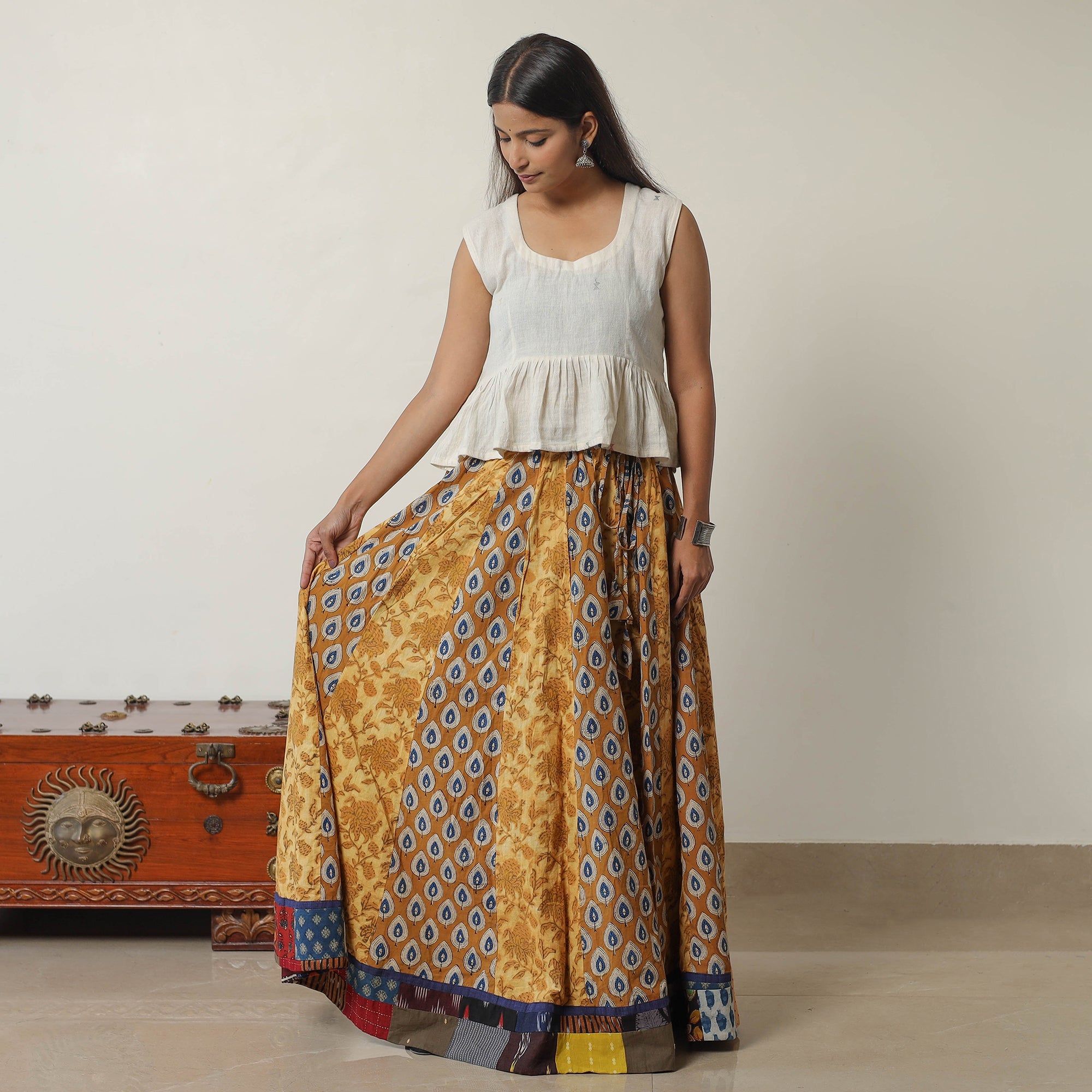 NOORI BAZAR Brown - Bagru Block Printed 24 Kali Patchwork Cotton Long Skirt 31 - view 2