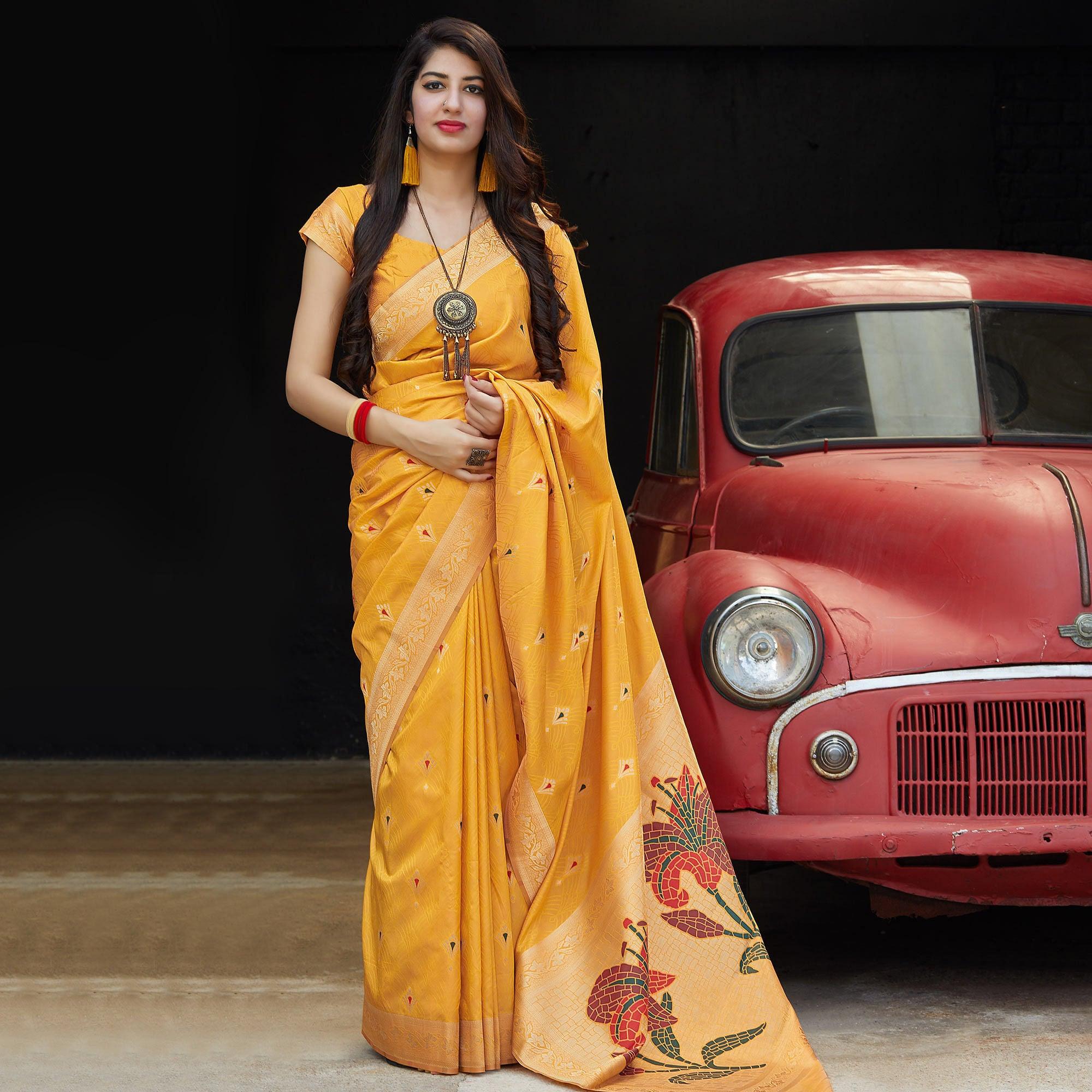 Yellow sarees – BlackTree glowing-yellow-colored-festive-wear-woven-soft-silk-saree-77506