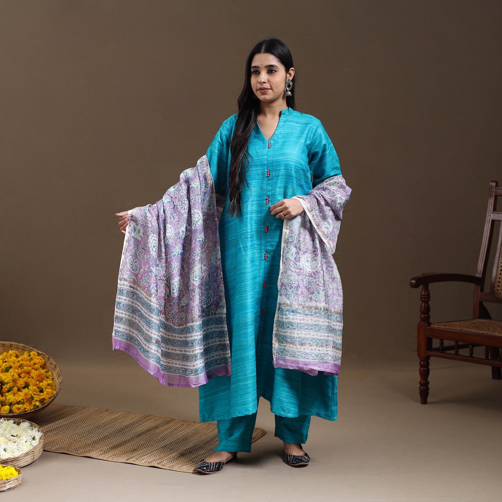 ITOKRI CASUALS Blue - Bhagalpuri Handloom Desi Tussar Silk Kurta Set 17 - view 2