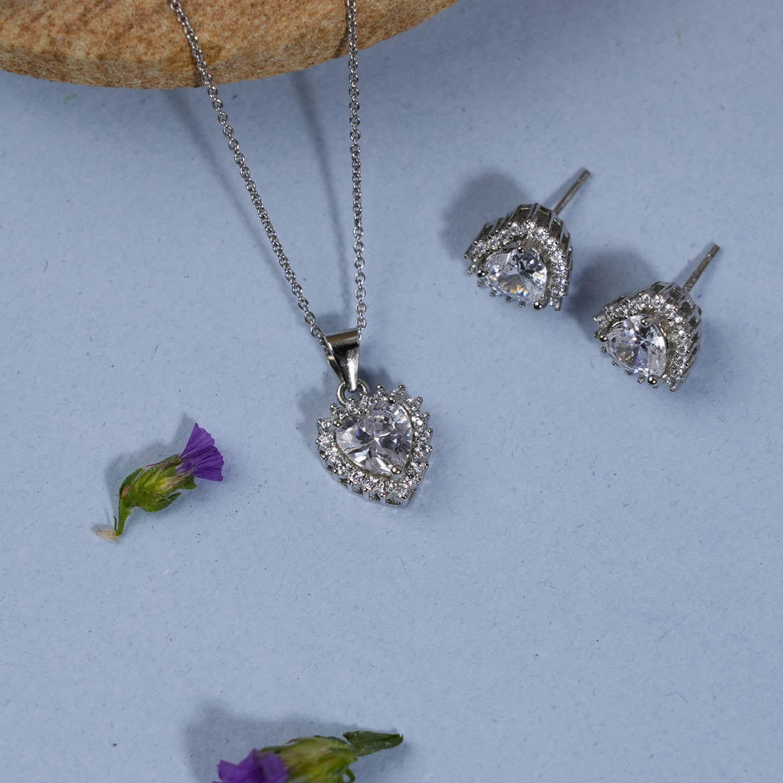 Prinjal Jewellers Silver Set Chain Pendant and Earrings with Sparkling Stones for Women