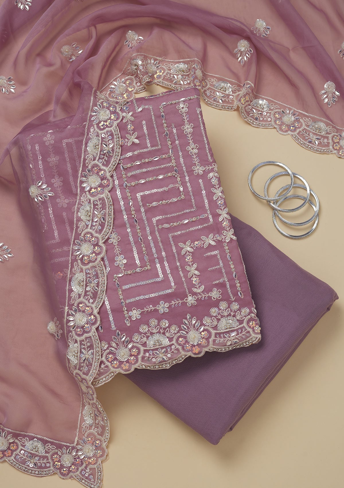 Koskii Mauve Sequins Organza Unstitched Salwar Suit