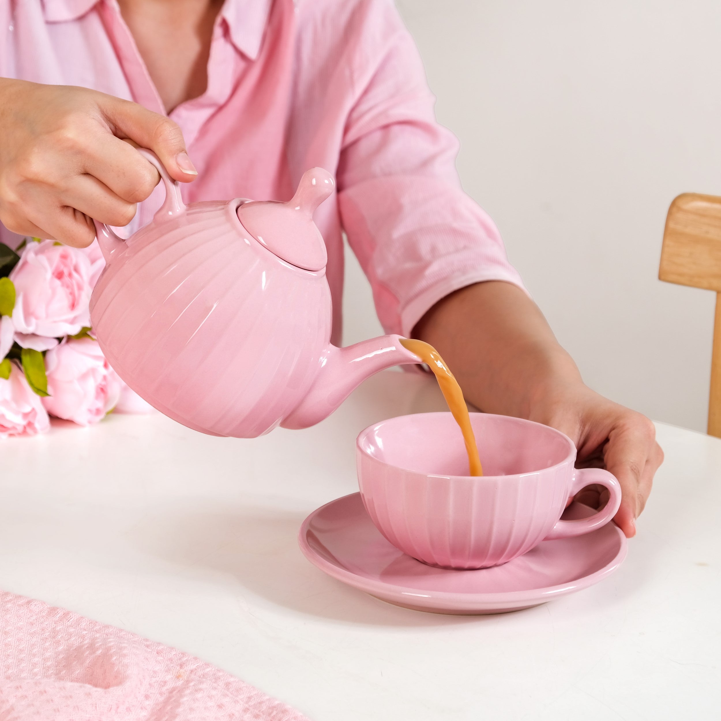 Nestasia Ambrosia Ceramic Tea Kettle Cup And Saucer Set For 1 Pink - view 2