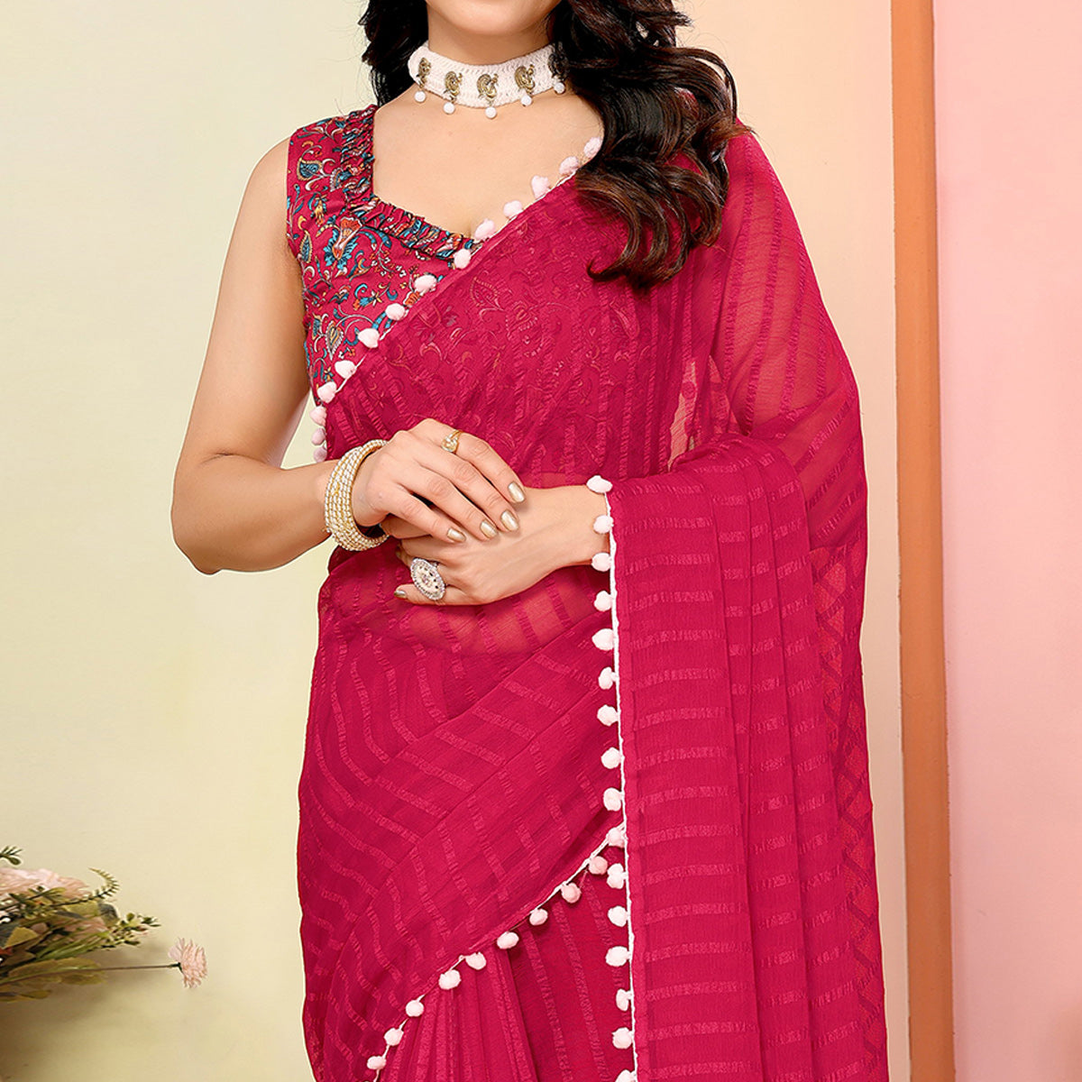 Peachmode Pink Woven Striped Pattern Georgette Saree - view 3