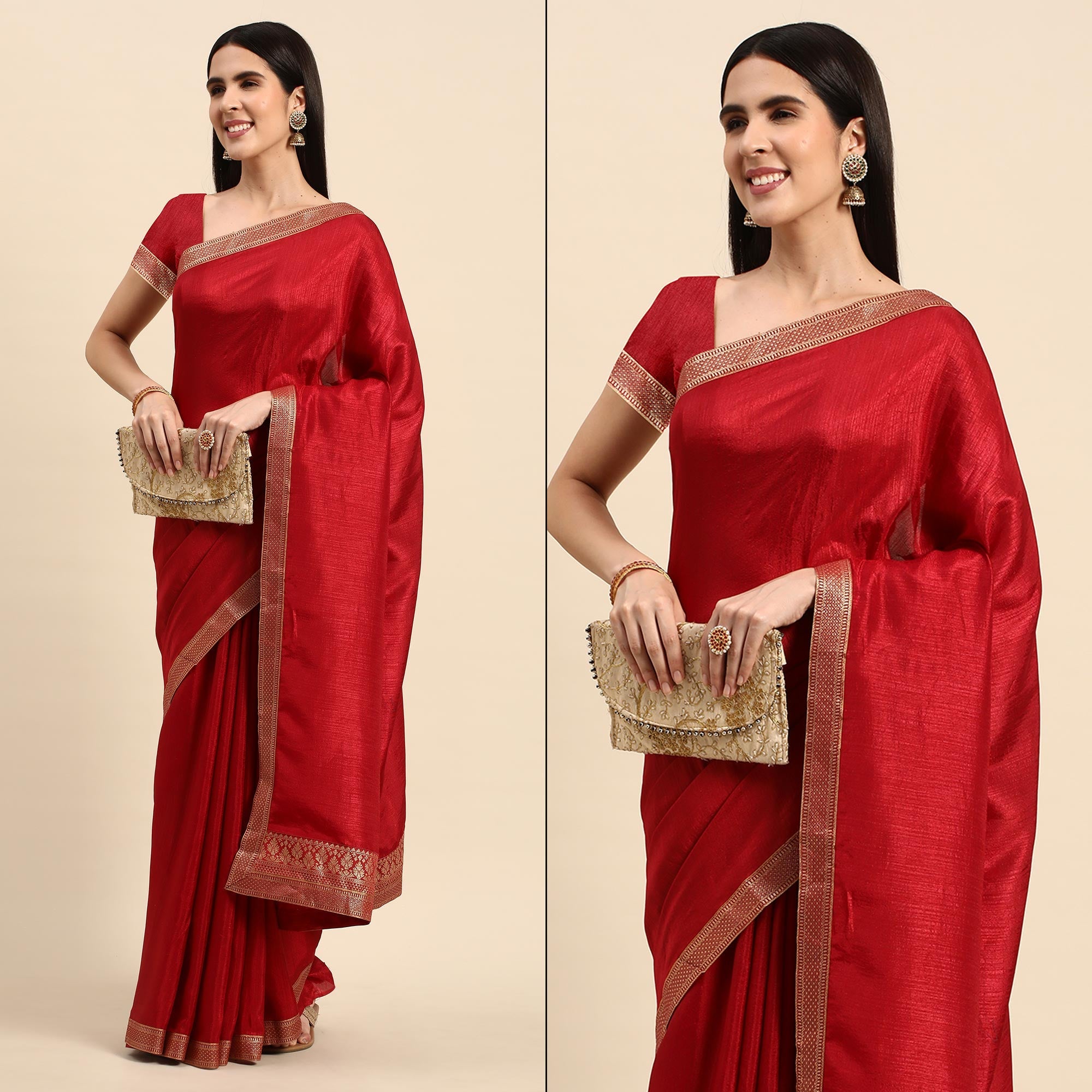 Peachmode Maroon Solid Vichitra Silk Saree With Fancy Zari Border