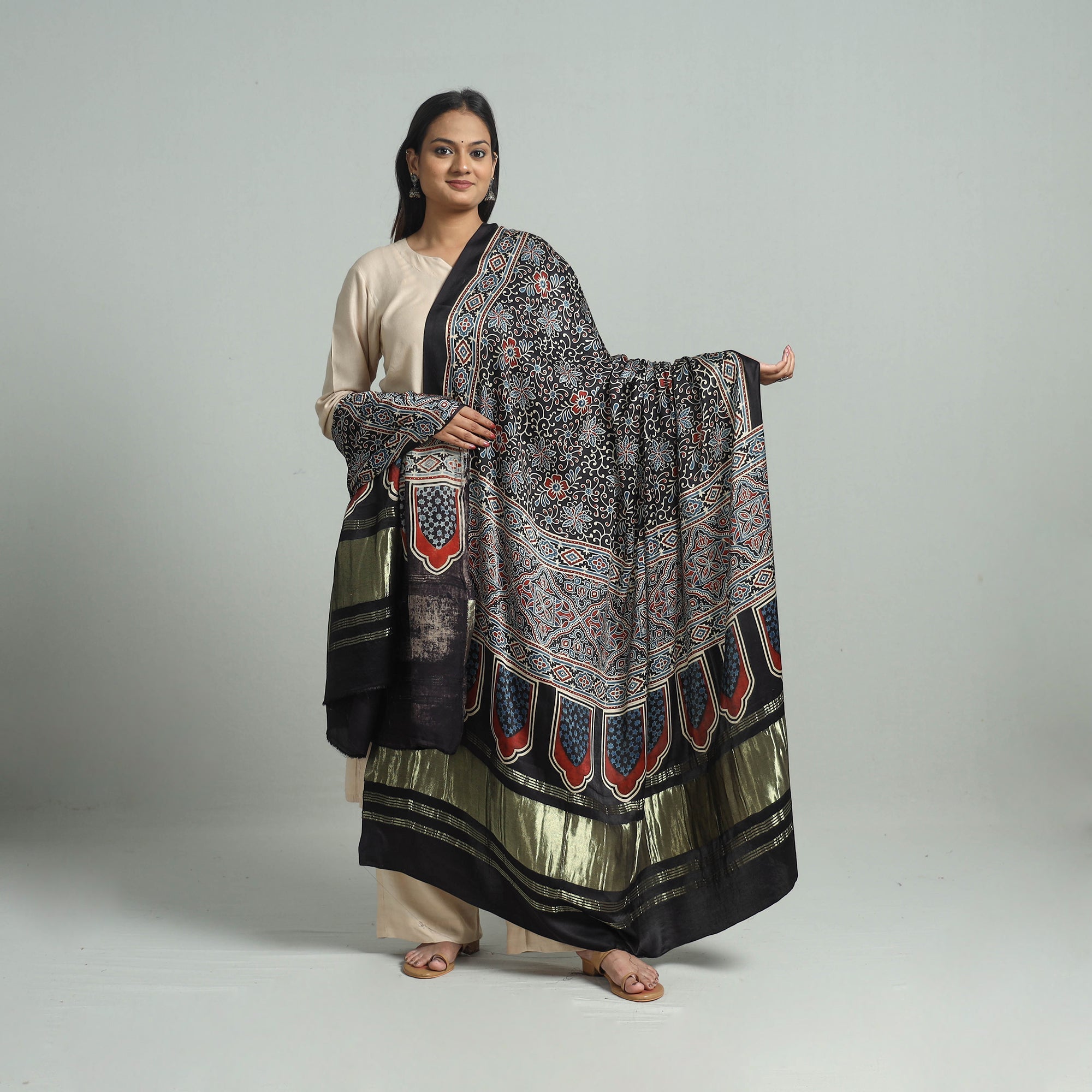 KACHCHH JI CHHAAP Black - Modal Silk Block Print Ajrakh Dupatta 90