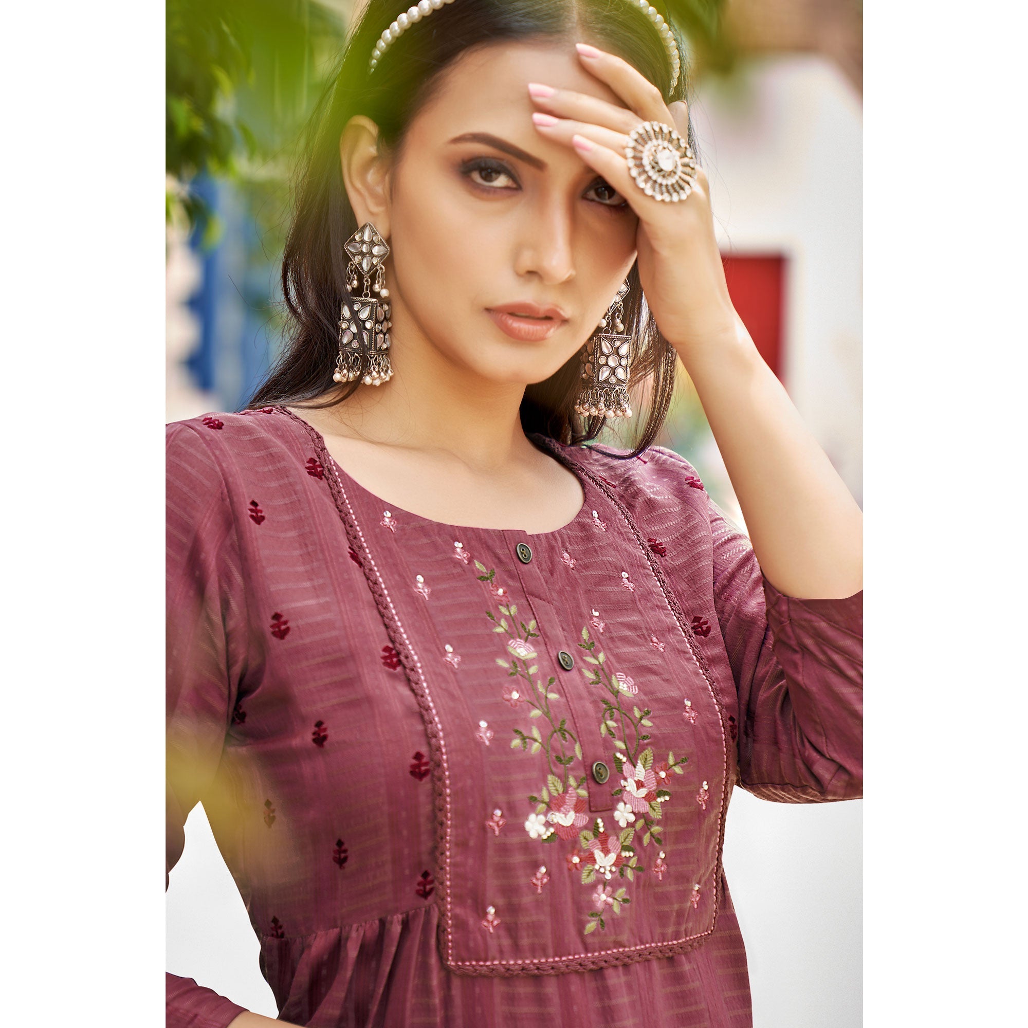 Peachmode Mauve Embroidered Rayon Kurti – Women's - view 3