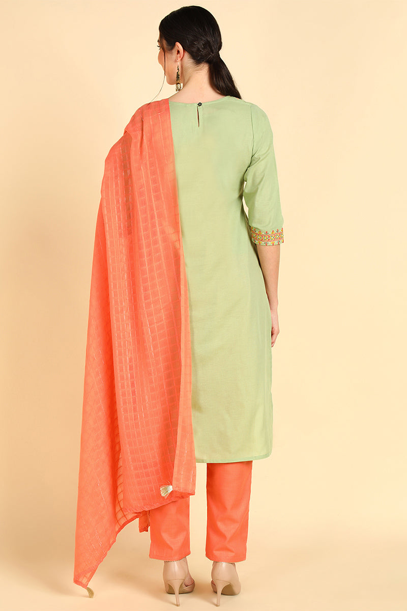 Ahika Green Embroidered Kurta Trousers With Dupatta VKSKD1403 - view 3