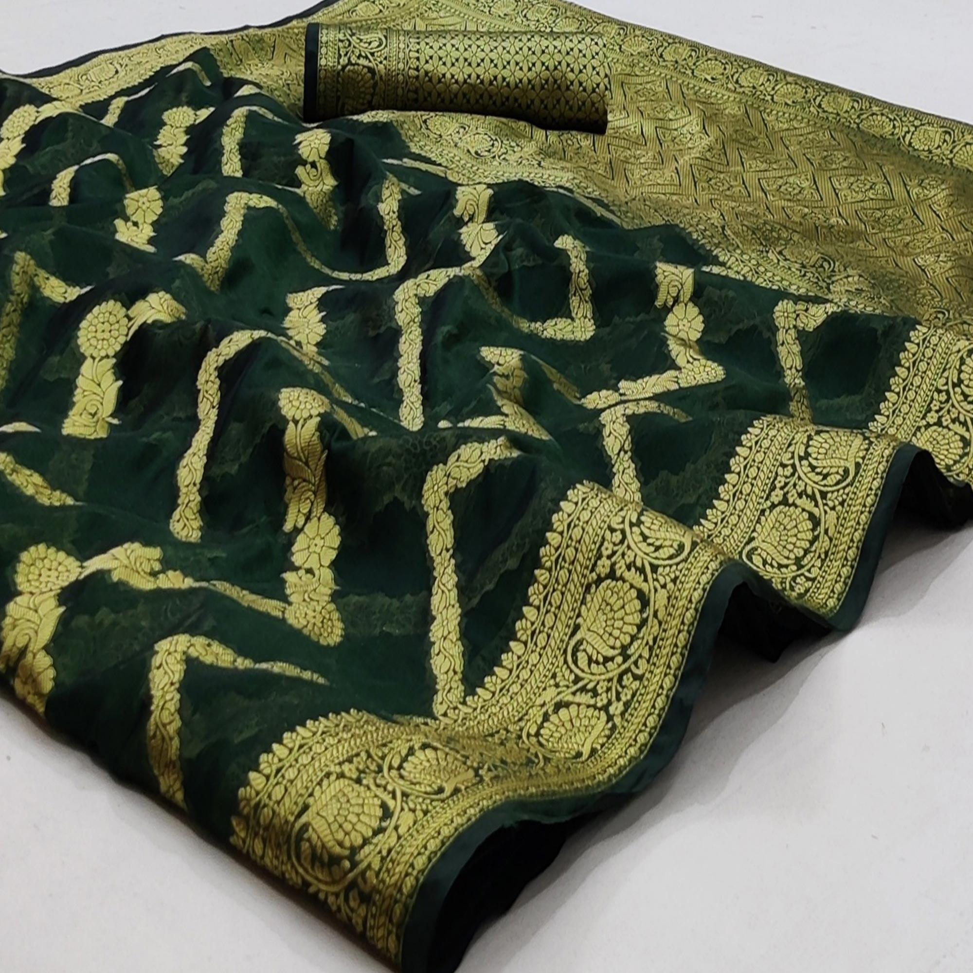 Peachmode Bottle Green Festive Wear Floral Woven Soft Organza Saree