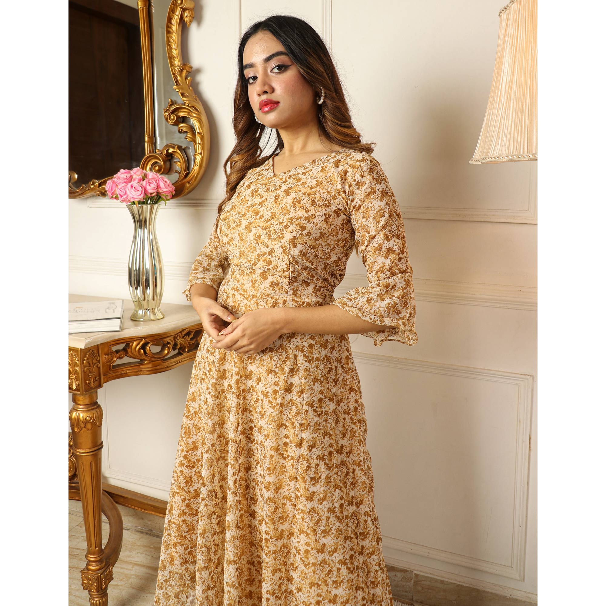Peachmode Seller Brown Printed Georgette Dress - view 7