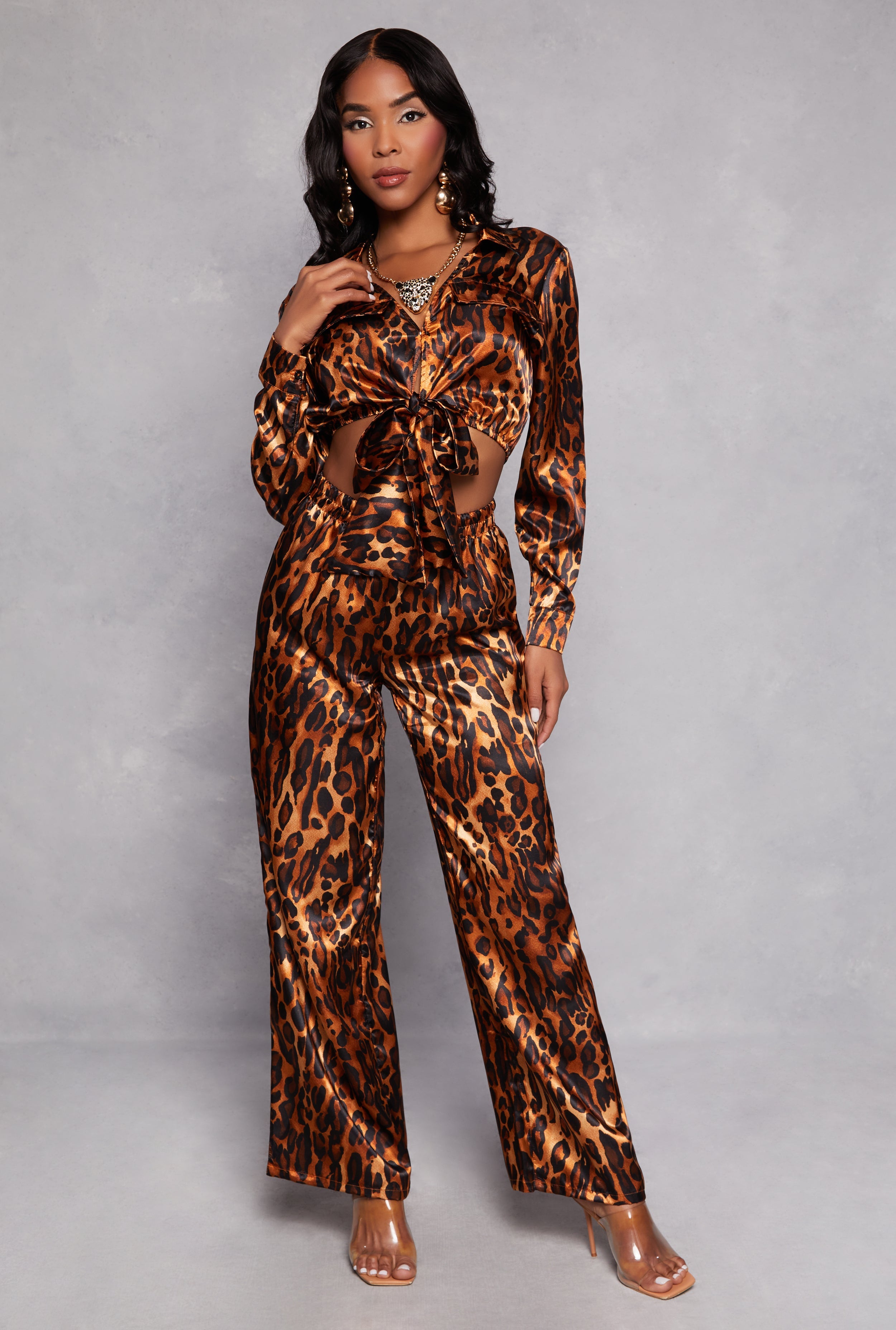 Rainbow Shops Satin Leopard Print Crop Top and Pants Set - view 2
