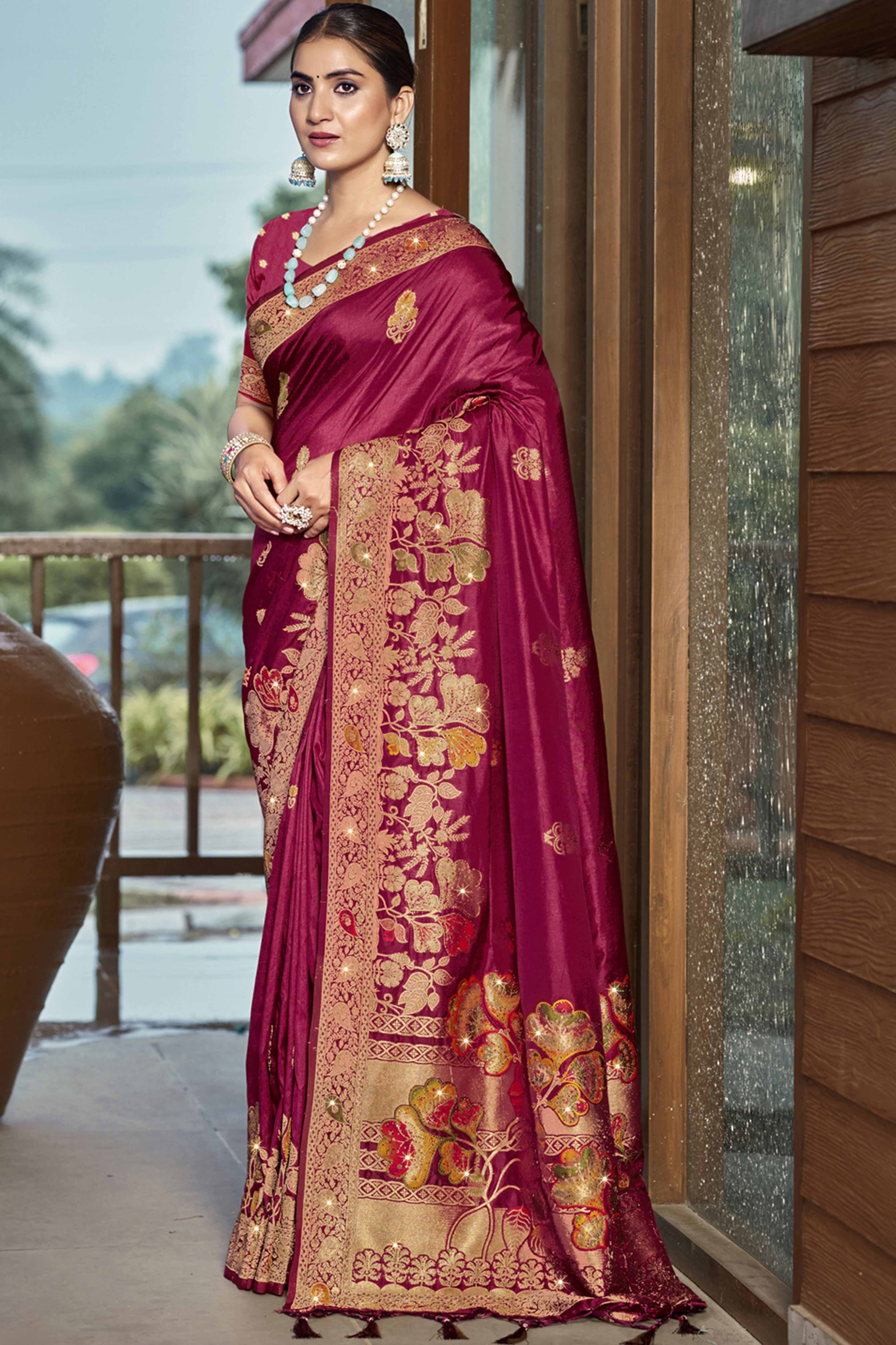 Peachmode Dark Magenta Floral Woven With Swarovski Work Pure Silk Saree With Tassels