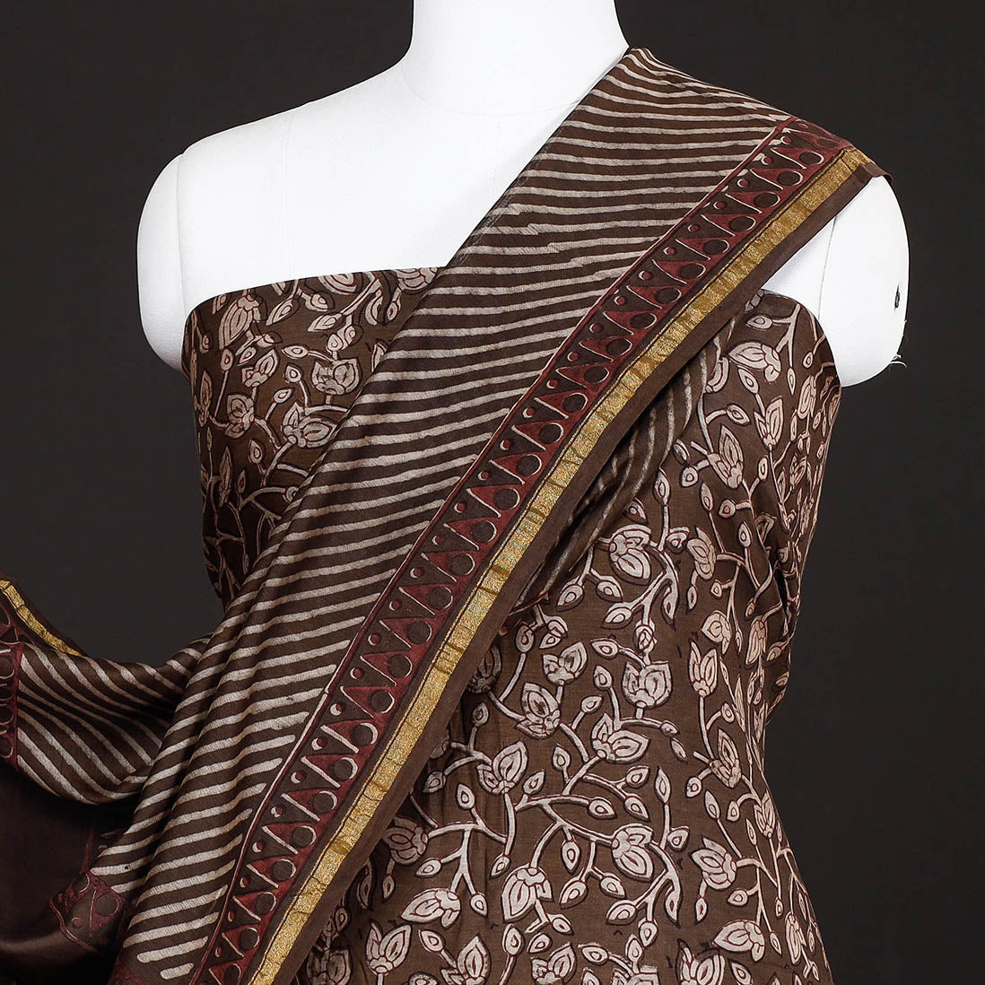 HAVELI CHRONICLES Brown - 3pc Akola Block Printed Chanderi Silk Suit Material Set - view 3