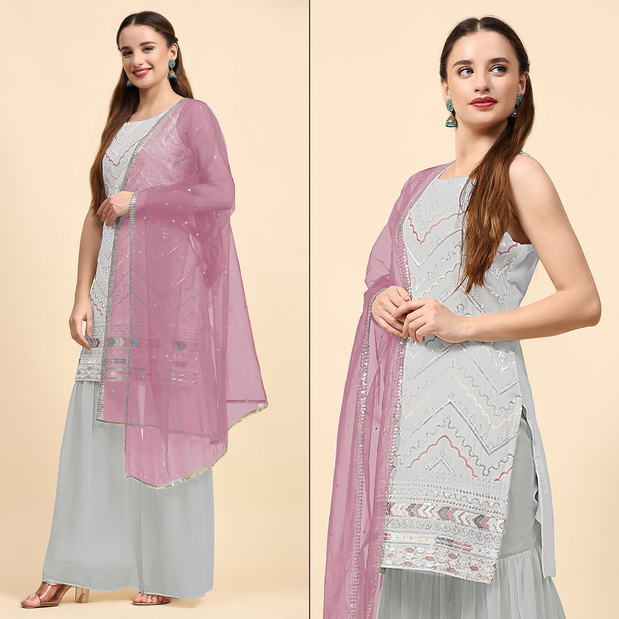 Peachmode Grey Sequins Embroidered Georgette Semi Stitched Suit