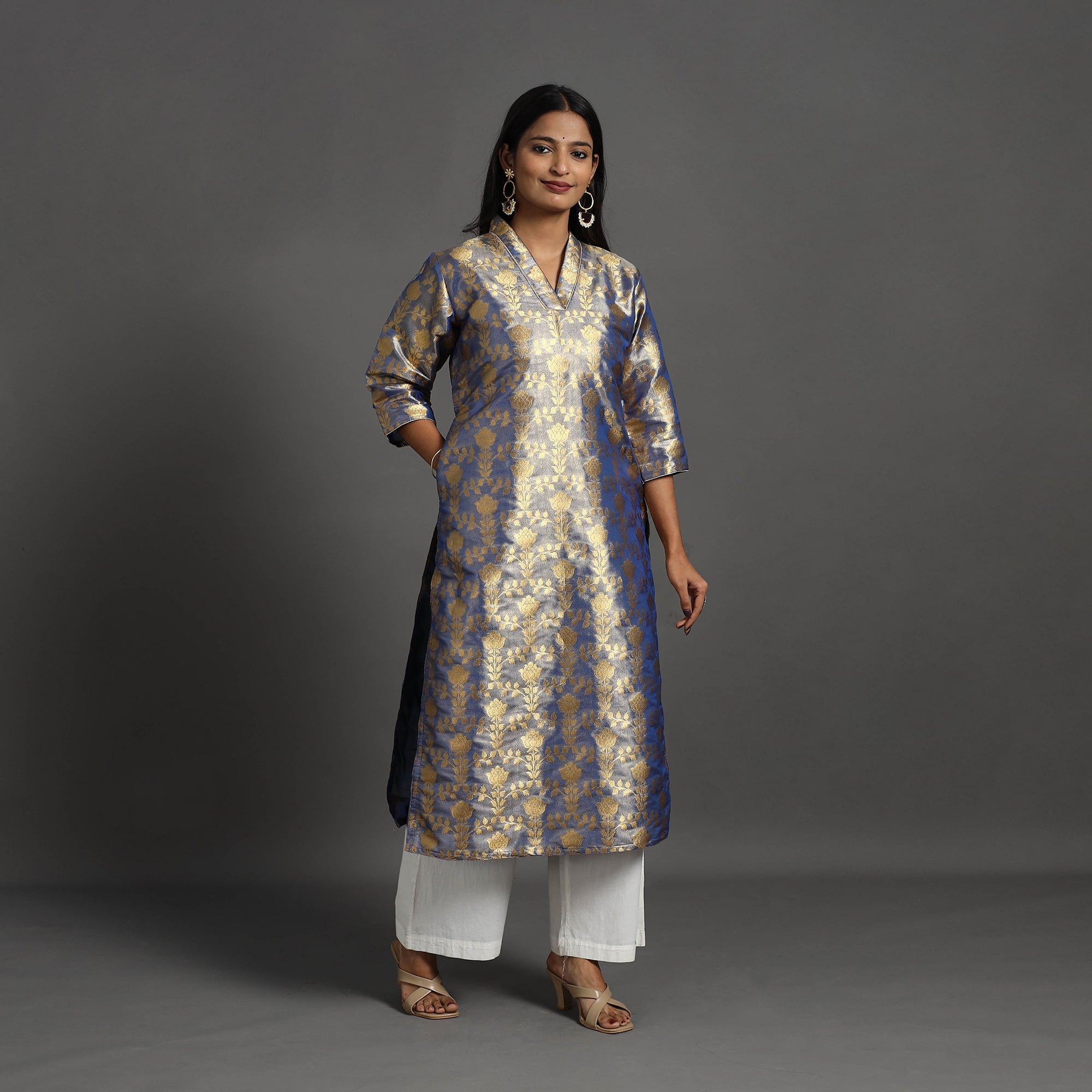 ITOKRI CASUALS Blue - Cutwork Tissue Zari Jaal Banarasi Silk Kurta 10 - view 2