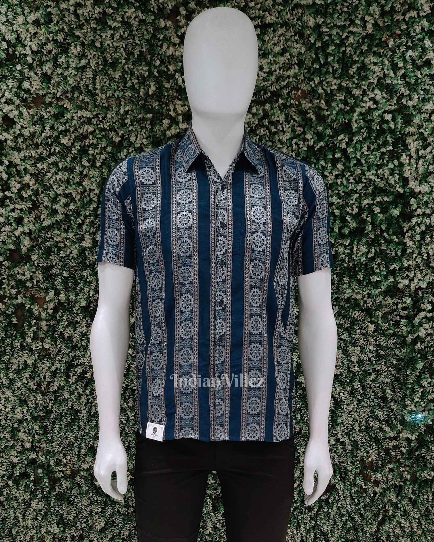 IndianVillèz Royal Blue Konark Temple Theme Odisha Ikat Cotton Half Sleeve Shirt for Men