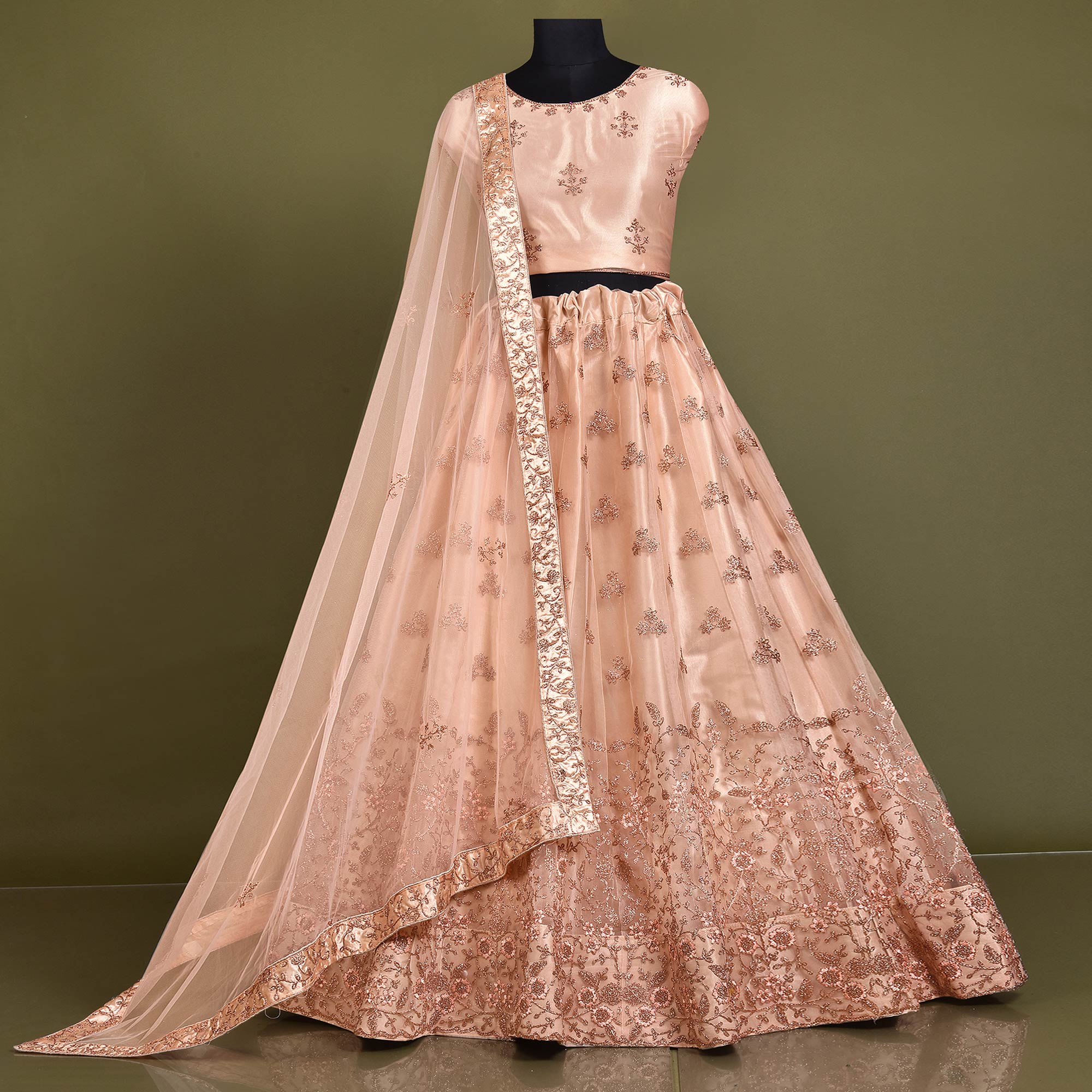 Peachmode Light Peach Floral Embroidered Net Lehenga Choli