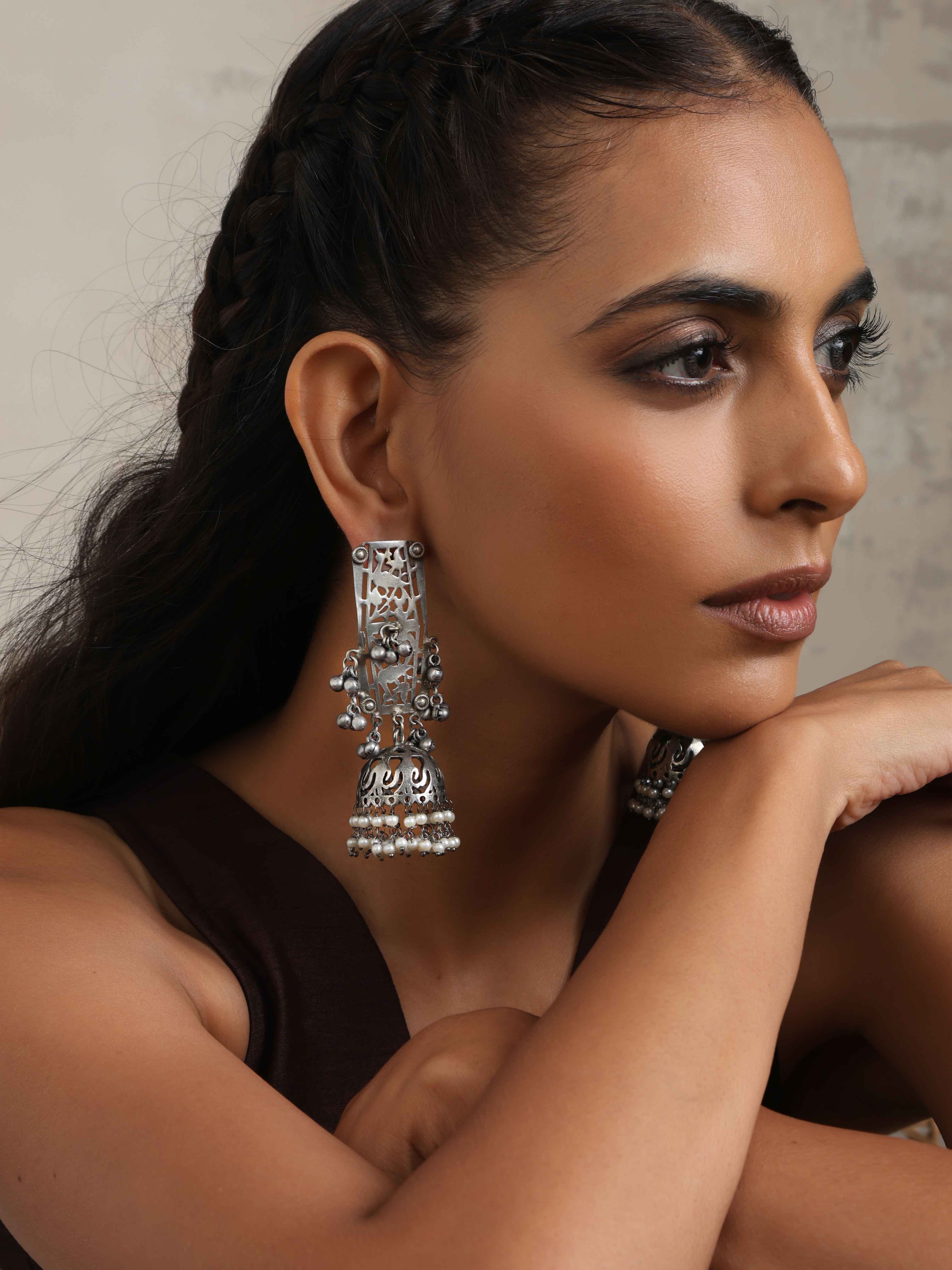 trueBrowns Silver Tone Floral Jhumka Earrings - view 2