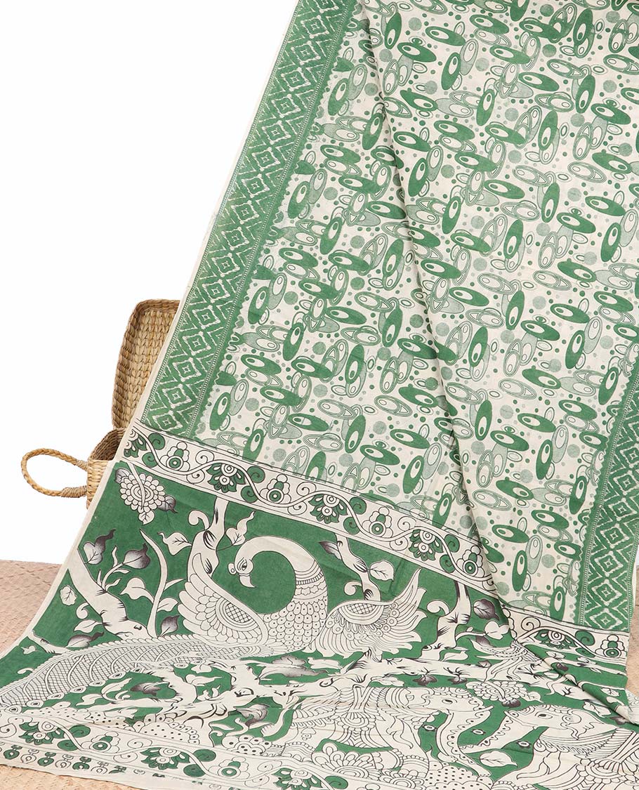 Pothys Green geometric machine-printed kalamkari cotton saree, diamond border & God Krishna Radha motifs pallu