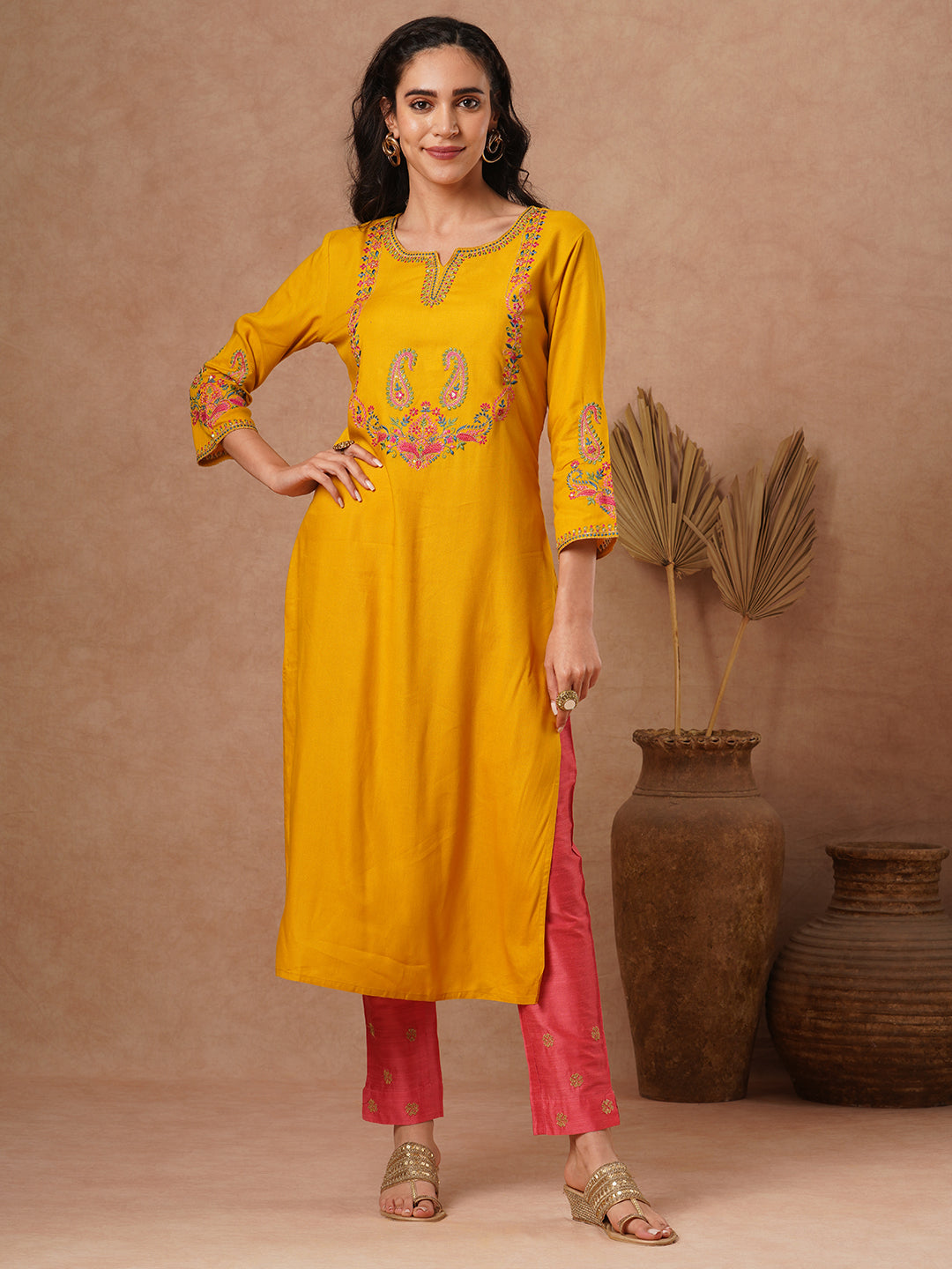 FASHOR Ethnic Embroidered Straight Fit Kurta - Yellow - view 4