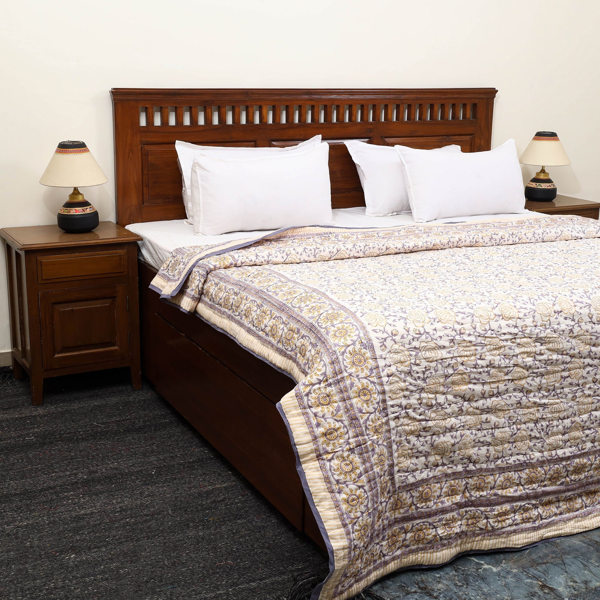 ARTISAN HAND BLOCK PRINTS Beige - Sanganeri Reversible Double Soft Cotton Quilt/Blanket 38