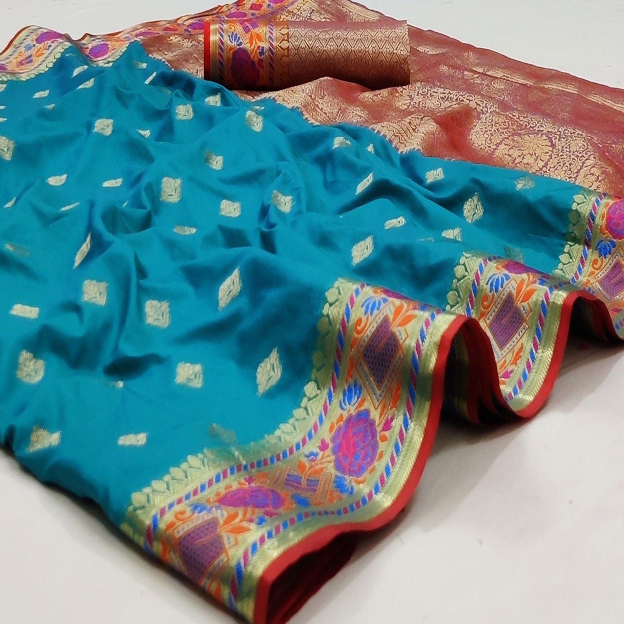 Peachmode Firozi Festive Wear Floral Woven Soft Silk Saree With Jacquard Border