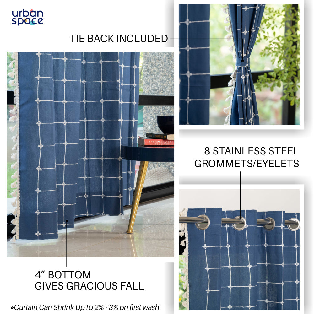 Urban Space -Home Furnishing Store Premium 100% Cotton Embroidery Curtain for Window & Door - Pack of 1 Curtain, Indigo Checks - view 4
