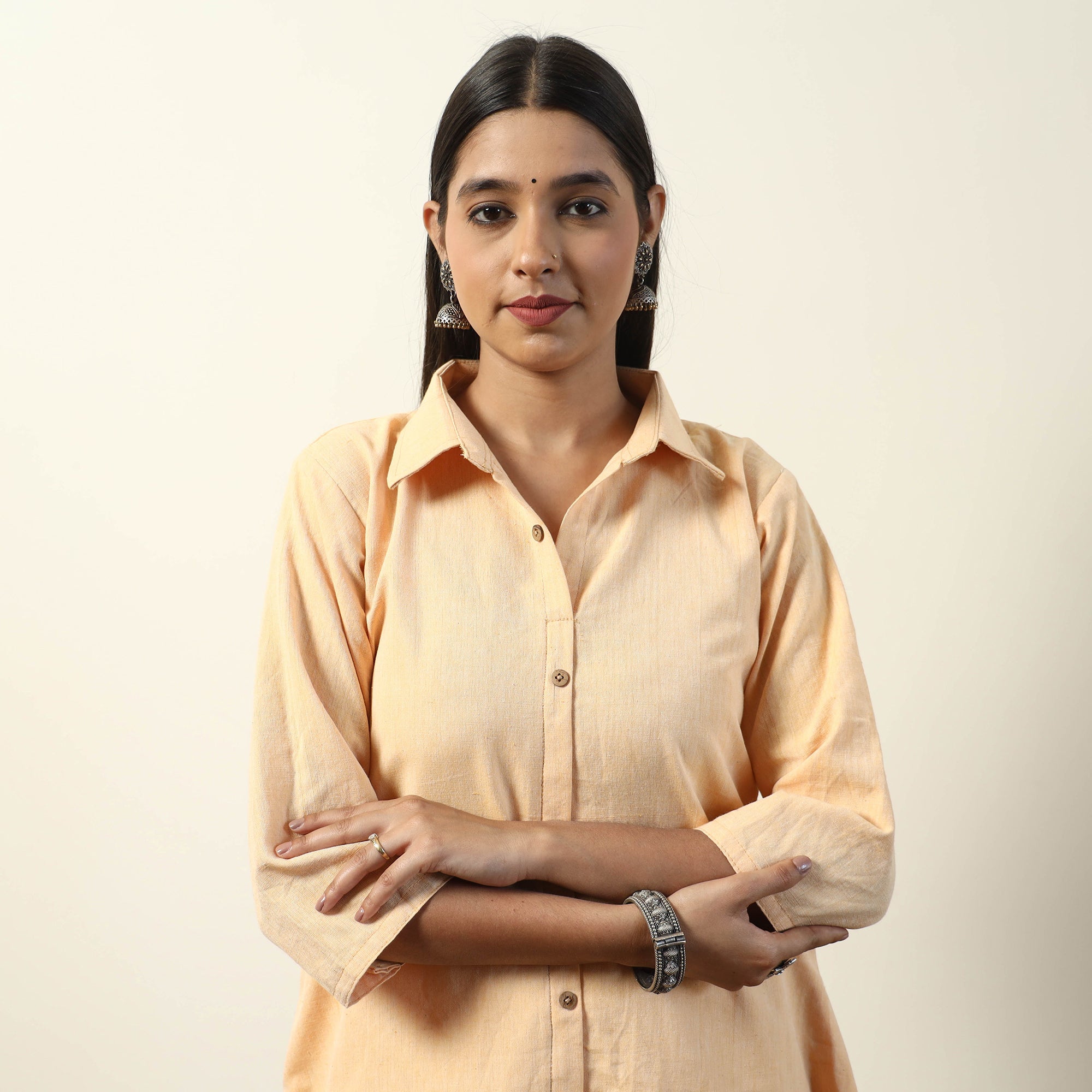 ITOKRI CASUALS Beige - Jhiri Handloom Cotton A-Line Long Kurta