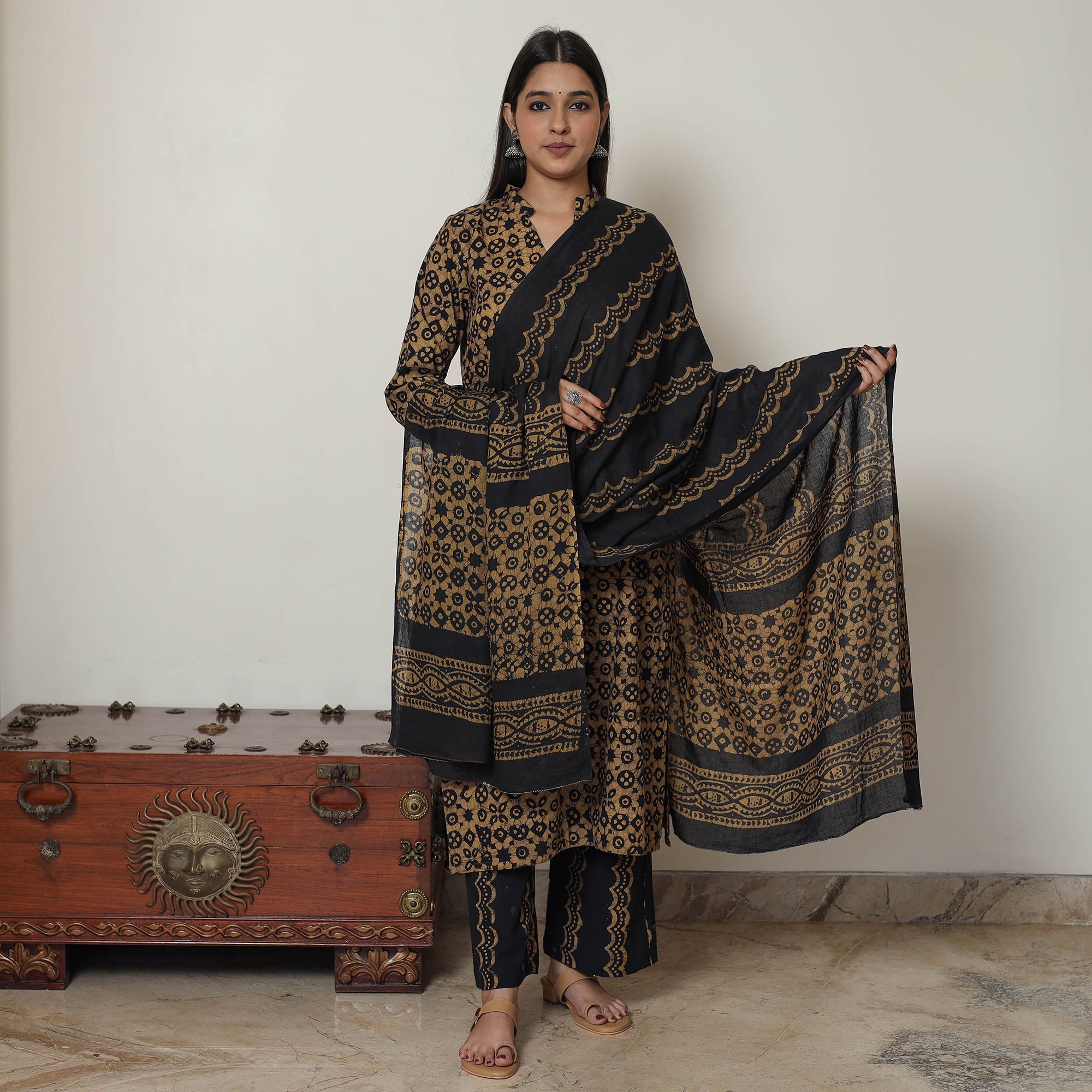 ITOKRI CASUALS Brown - Hand Batik Printed Cotton Kurta with Palazzo & Dupatta Set 12