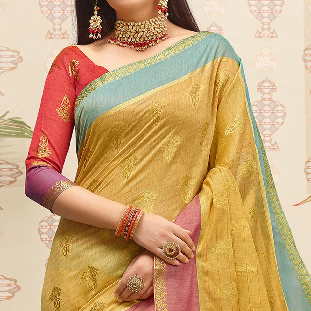 Peachmode Excellent Beige Colored Festive Wear Woven Cotton Handloom Saree - view 2
