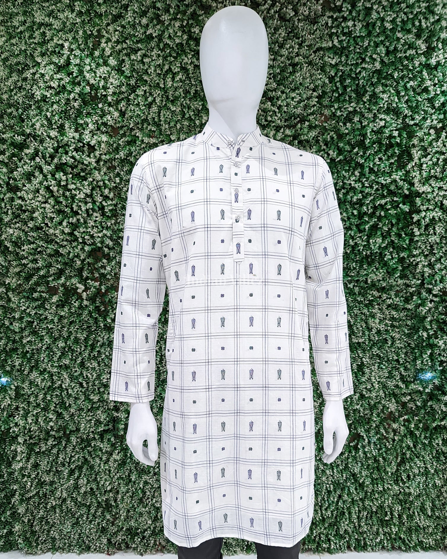 IndianVillèz White Fish Butta Motif Bomkai Odisha Ikat Cotton Long Kurta For Men