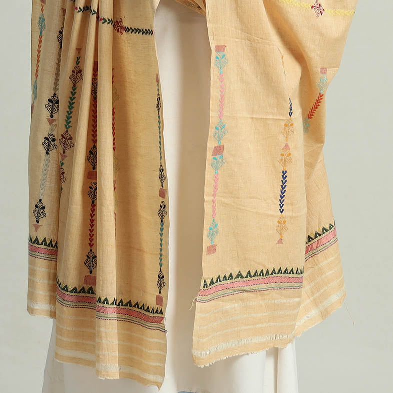 KHUSHBASH - HAPPY LOOM OF EAST Beige - Bengal Kantha Embroidery Silk Cotton Dupatta 06 - view 5