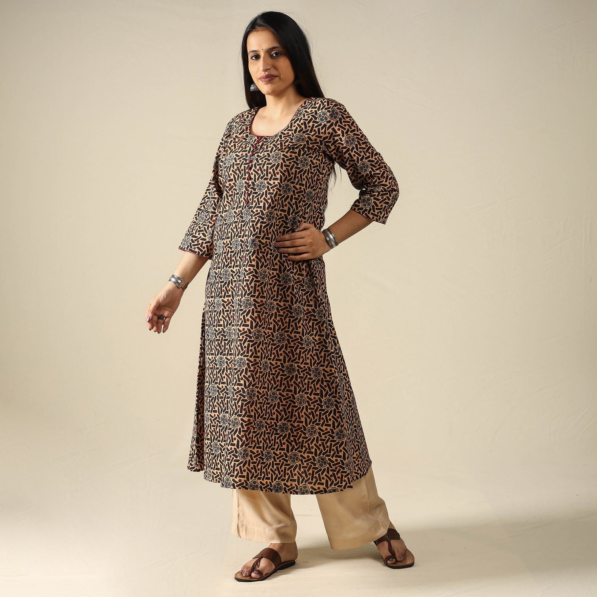 ITOKRI CASUALS Brown - Ajrakh Block Printed Cotton Long A-Line Kurta - view 3