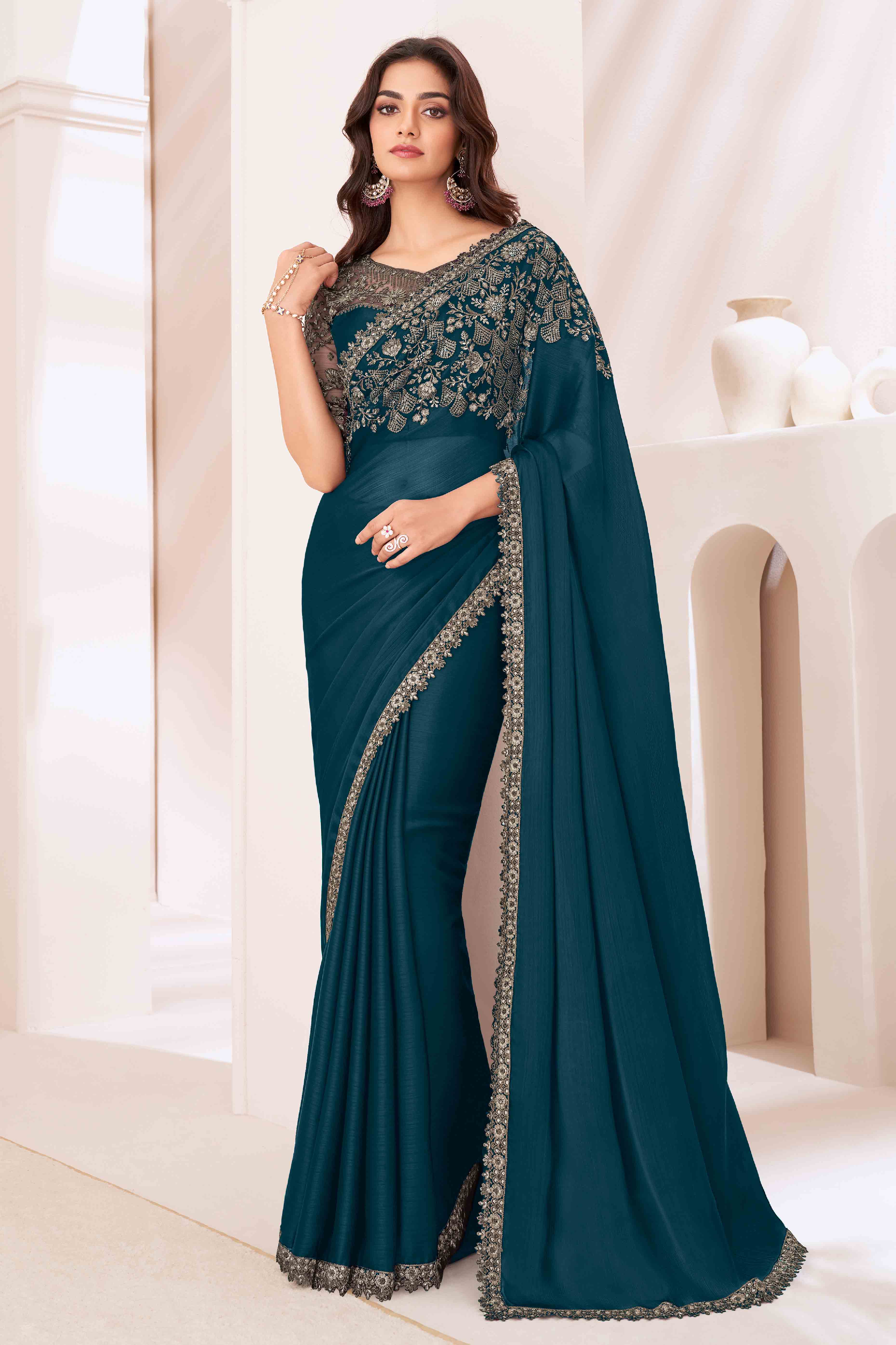 Peachmode Dark Teal Sequins Embroidered Satin Saree