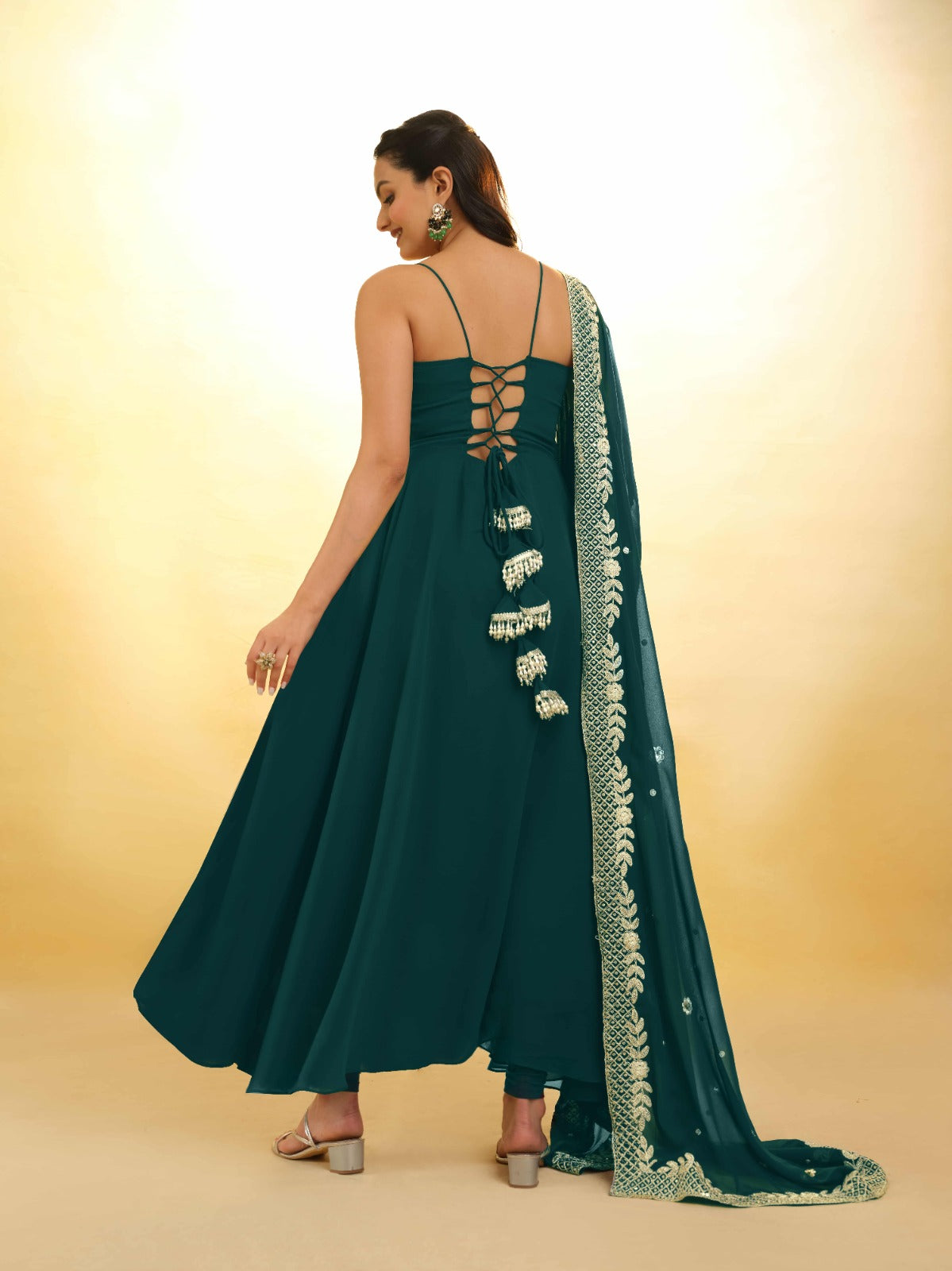 ClothsVilla Teal Color Stylish Turquoise Georgette Dress with Embroidery – Ready to Wear - view 6
