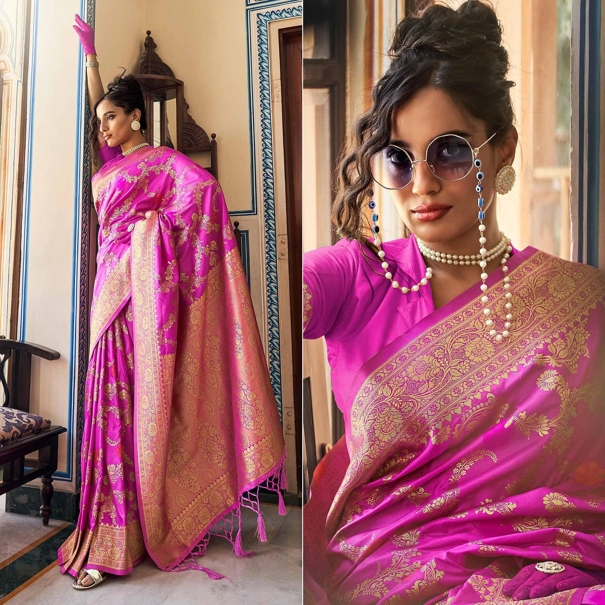 Peachmode Magenta Pink Festive Wear Woven Silk Saree With Tassels