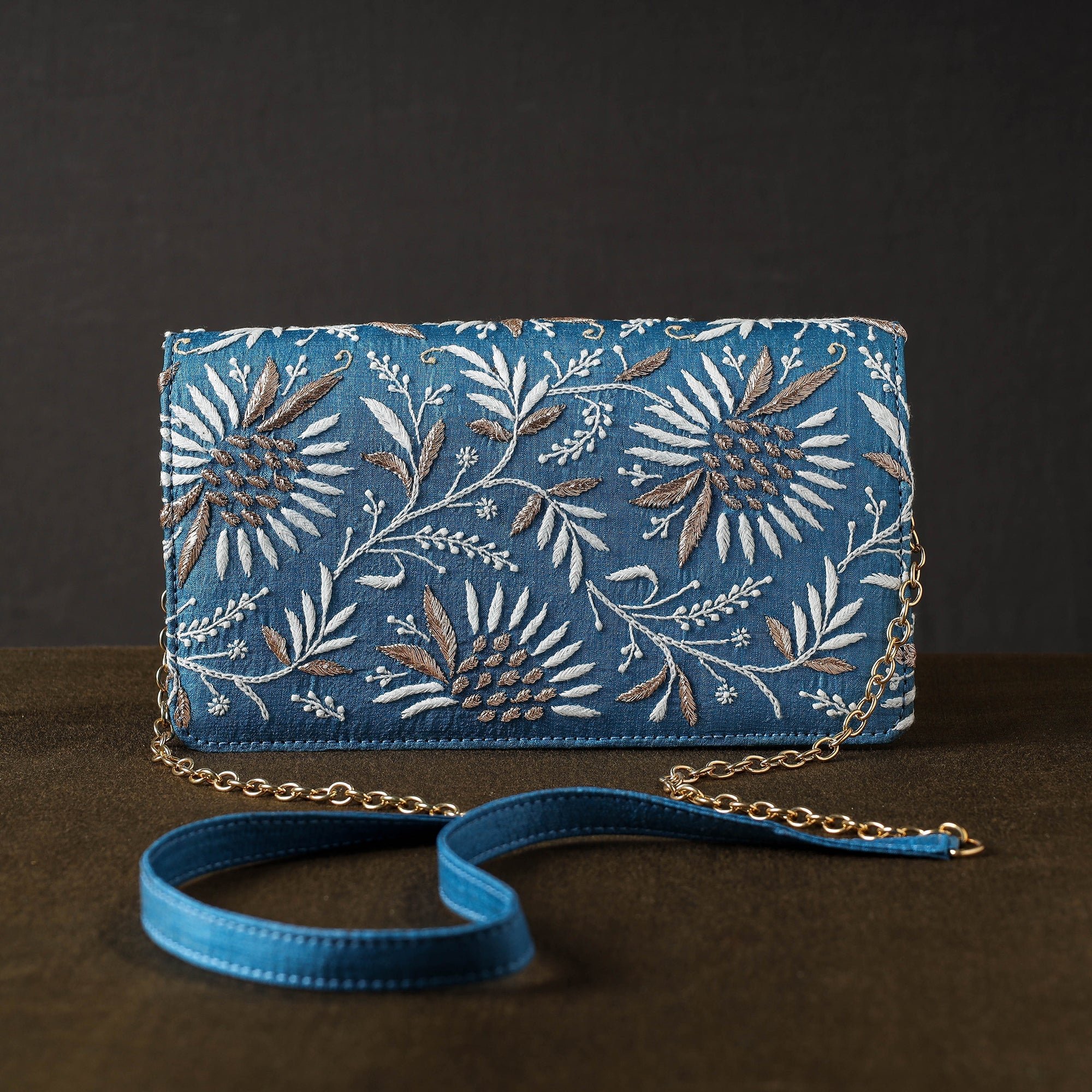 LAVANGG Blue - Chikankari Hand Embroidery Tussar Silk Clutch / Sling Bag - view 2