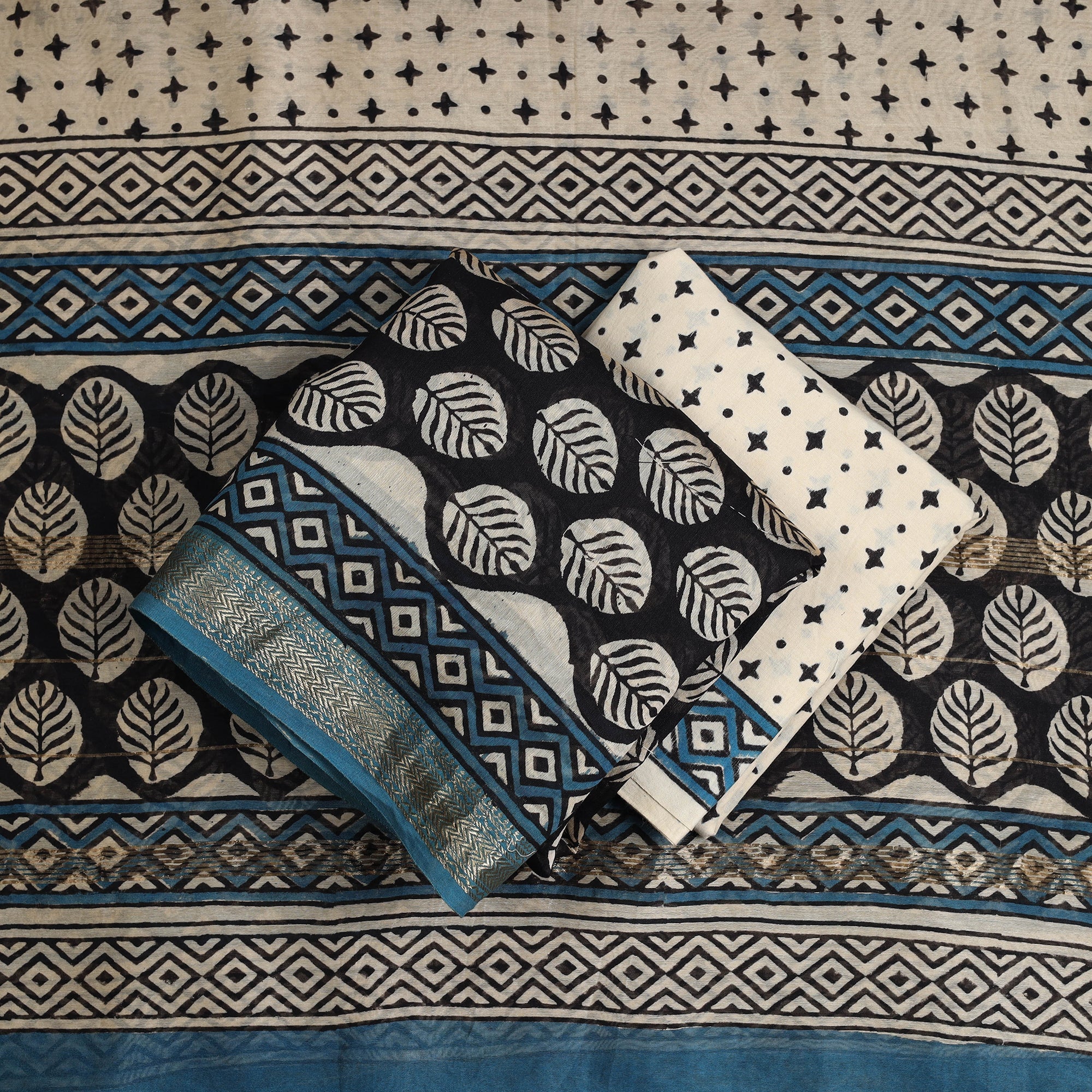 ARTISAN HAND BLOCK PRINTS Black - 3pc Maheshwari Silk Bagru Print Dress Material 06 - view 2